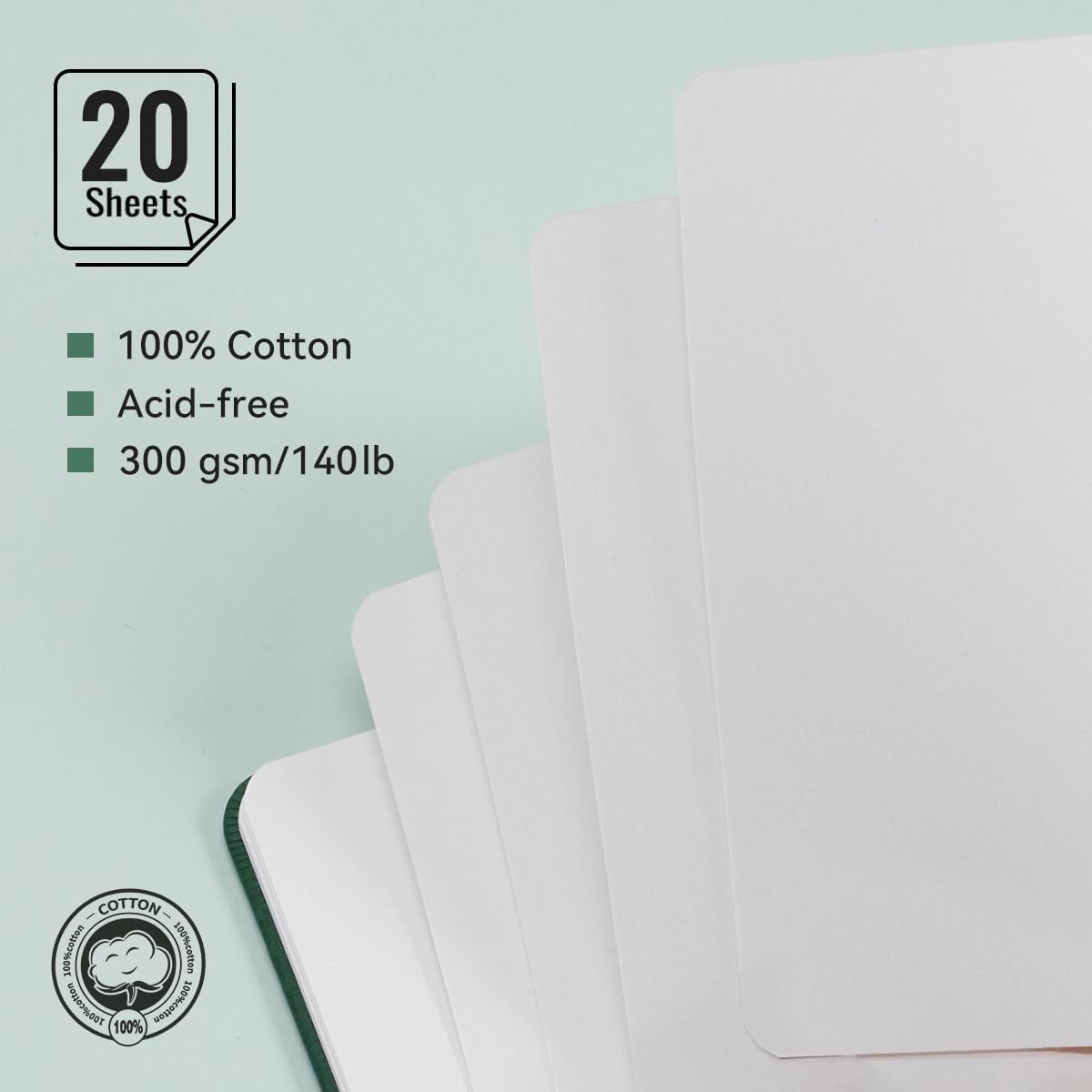 Lightwish Watercolor Journal, 100% Cotton Hot Press Art Supplies Watercolor Paper7.6” x 5.1”, 20 Sheets (140lb/300gsm), Acid-Free for Watercolors, Gouache, Acrylics