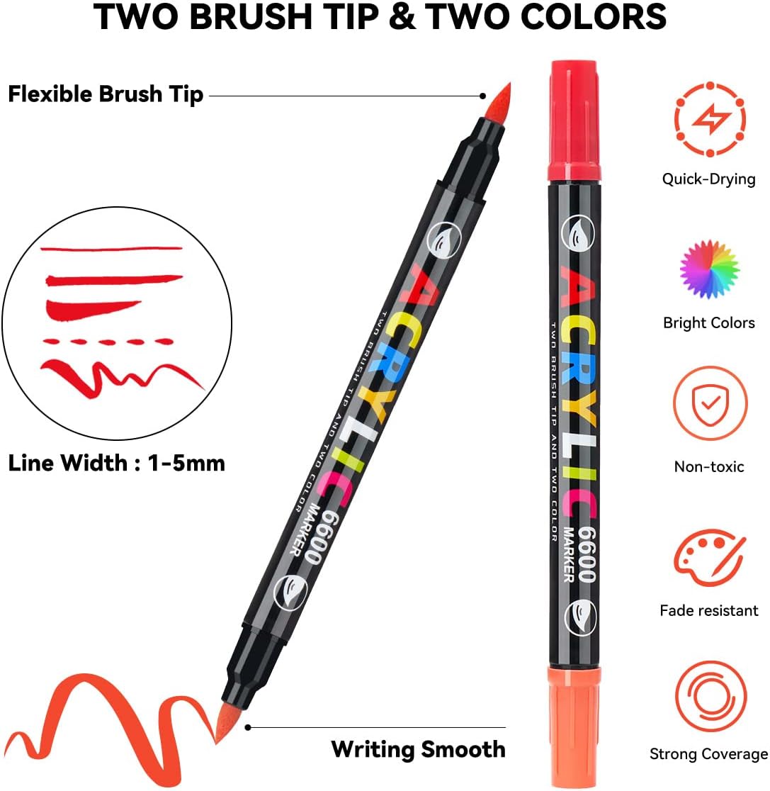 Lightwish 60 Colors Acrylic Paint Pens, Dual Brush Tip & Two Colors Acrylic Paint Markers