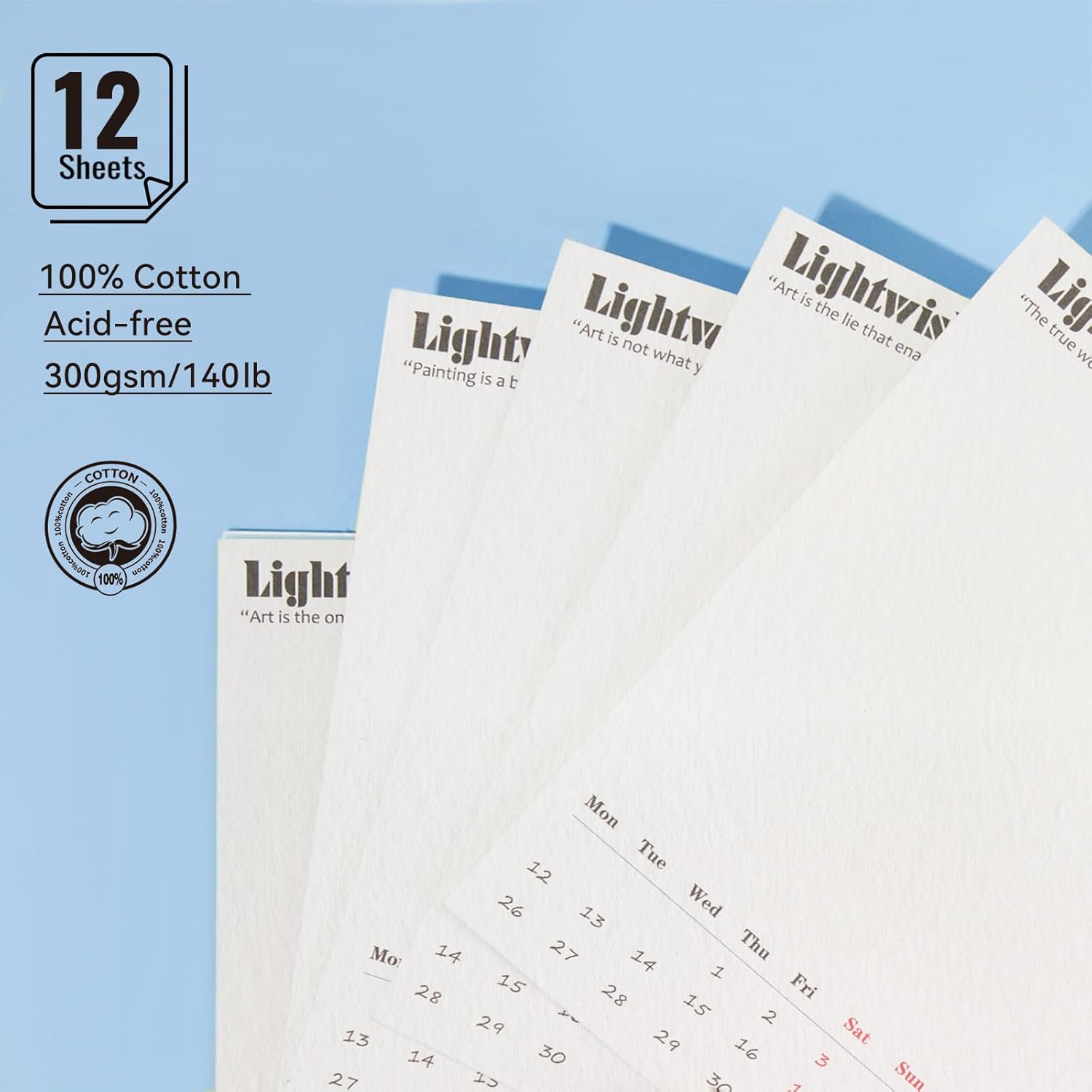 Lightwish Watercolor Calendar Paper for 2026, 100% Cotton, 12 Sheets, 140lb/300gsm, Acid-Free Cold Pressed Watercolor Paper, Art Supplies for Watercolor Crafts and DIY Media