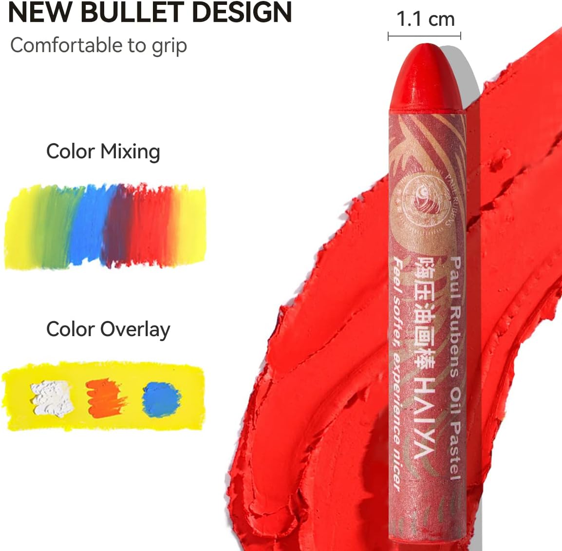 Red oil pastel tube featuring the words "new bullet design"