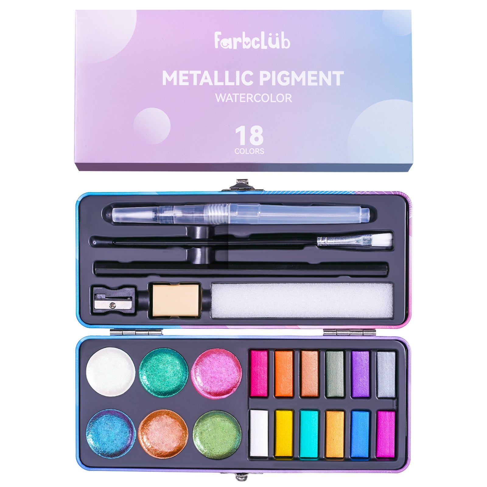 FARBCLUB watercolor paint set, 18 colors glitter watercolor paint, portable travel watercolor paint set with watercolor pens, pencils, watercolor paper