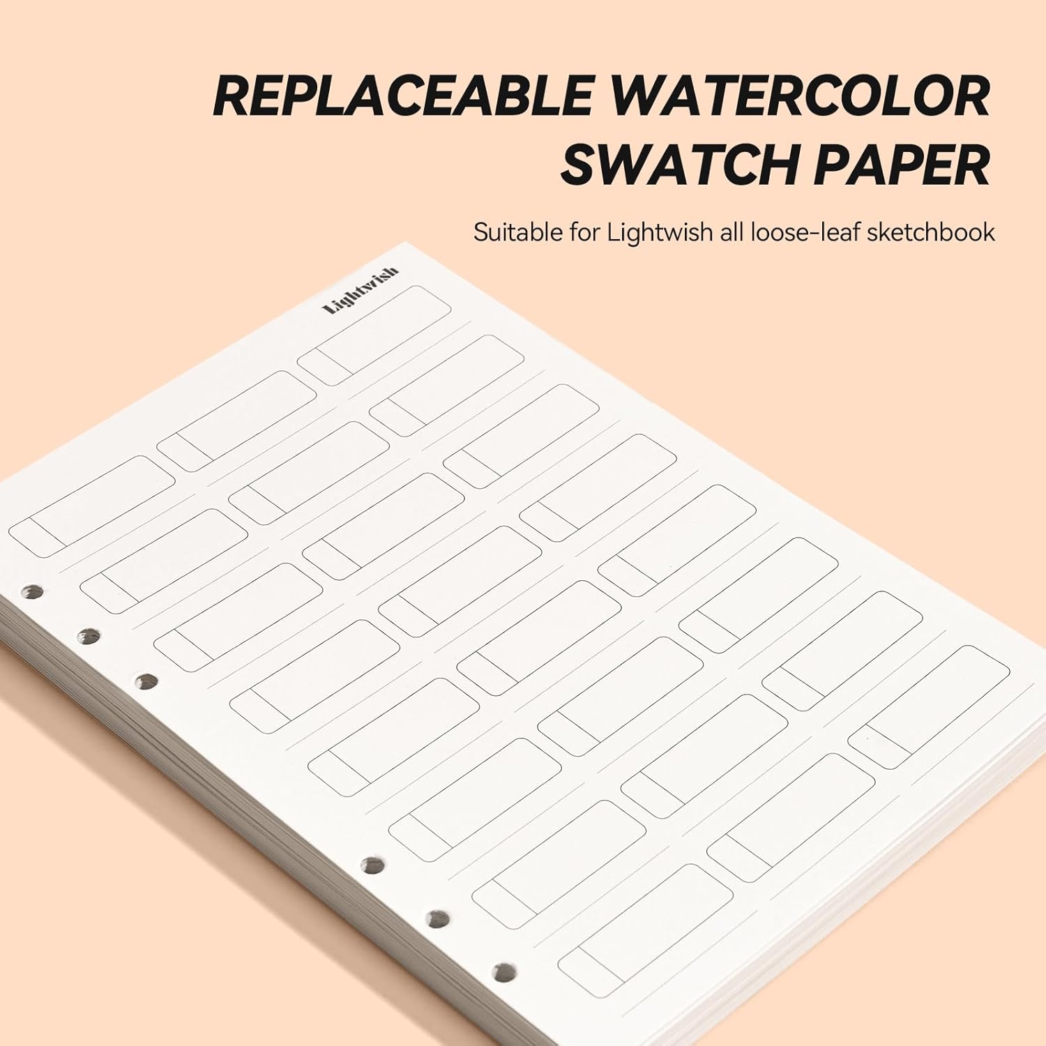 Lightwish Watercolor Swatch Paper Bulk - 100% Cotton Hot Press 300gsm/140lb, 2 Pack Total 40 Sheets 24 Spaces A5 Hole-Punched Replaceable Paper for Watercolor, Gouache, Oil Pastels,5.8 * 8.2 Inches