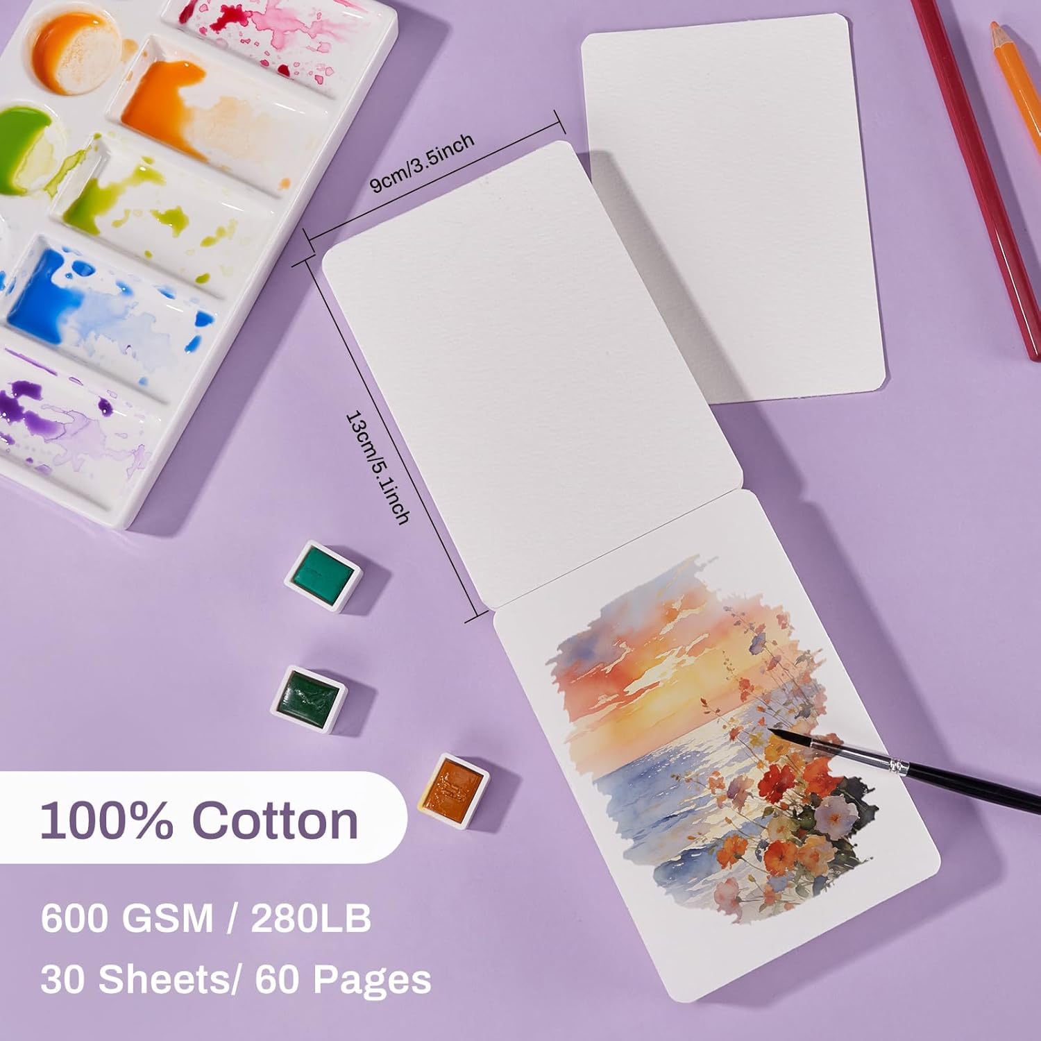 Lightwish 30 Sheets Mini Watercolor Sketchbook Cold Press 600gsm/240lb, Travel Size Portable Tearable Square Painting Notebook, Square Watercolor Sketch Book Art Paper 3.5 x 5.1 inch