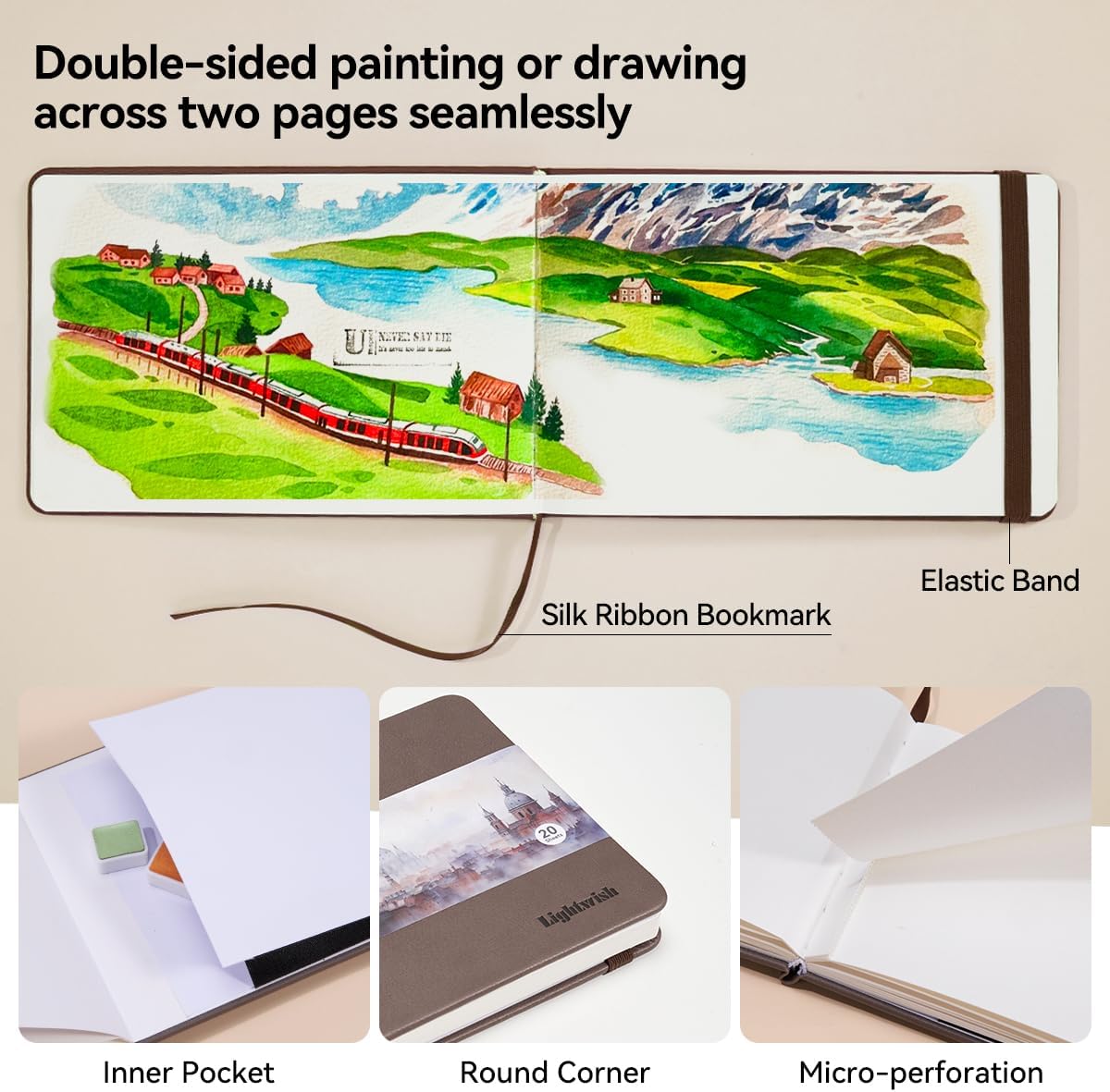 Lightwish Watercolor Journal, 100% Cotton Cold Press Watercolor Paper Sketchbook 7.6” x 5.3”, 20 Sheets (140lb/300gsm), Acid-Free for Watercolors, Gouache, Acrylics