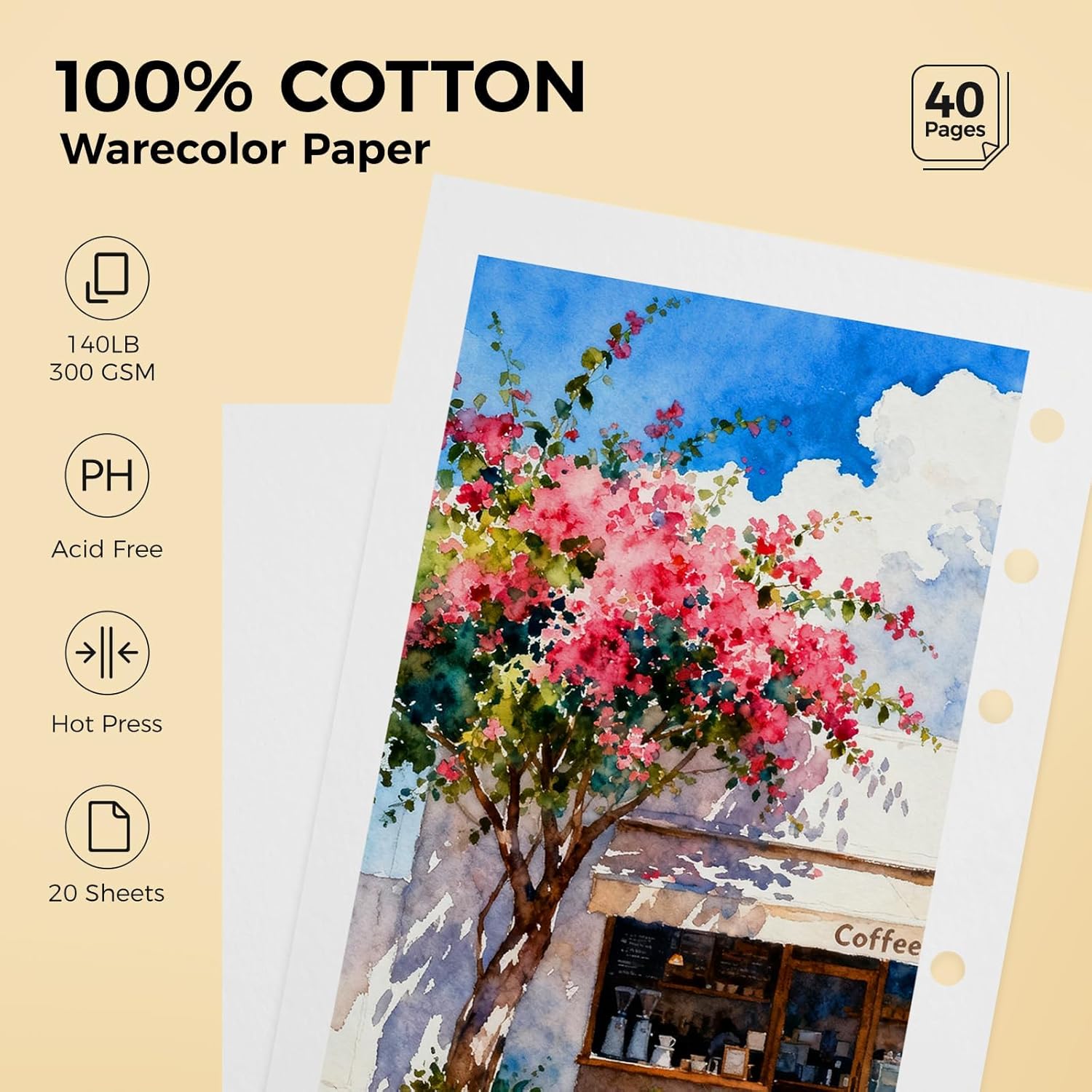 Lightwish Watercolor Sketchbook 100% Cotton, 300gsm (140lb) - 6.69" x 3.94" Hot Press Watercolor Paper Journal Notebook - 20 Sheets with PU Leather Cover for Drawing Mixed Media