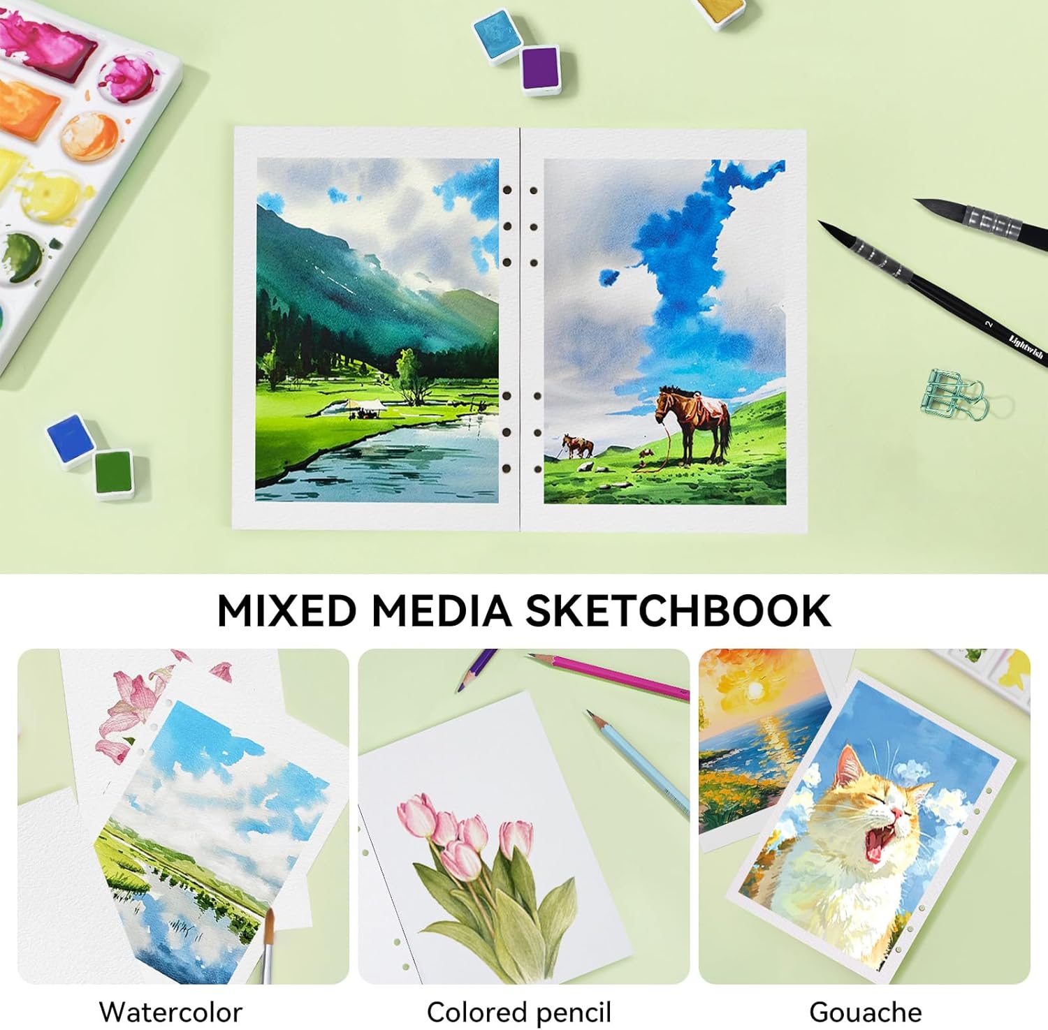 LIGHTWISH Watercolor Paper Bulk, 100% Cotton Cold Press 600gsm, 2 Pack, Total 24 Sheets A5 Hole-Punched Replaceable Paper for Artists, Adults,Students,5.8 * 8.2 Inches