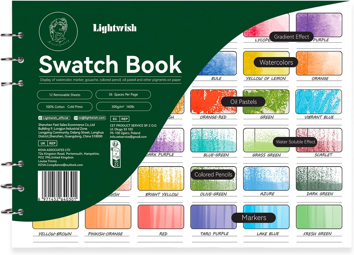 LIGHTWISH Watercolor Swatch Book - 12 Detachable 100% Cotton Sheets 36 Spaces,10.63 * 7.68 in,300gsm/140lb Cold Press for Watercolor, Gouache, Oil Pastels - Spiral-Bound Color Testing Journal