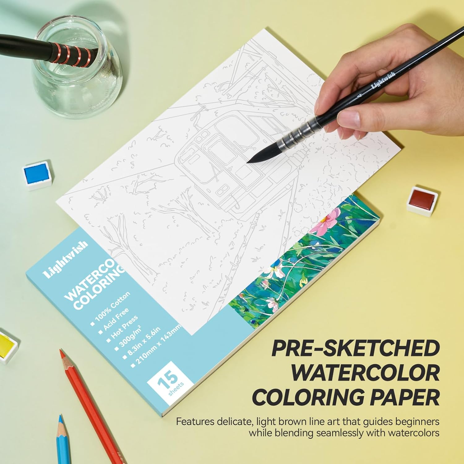 Lightwish Watercolor Coloring Book for Adults & Beginners, 100% Cotton 300gsm/140lb Acid-Free Hot Press Paper, 8.3 x 5.6 Inches, 15 Sheets, Floral-Themed