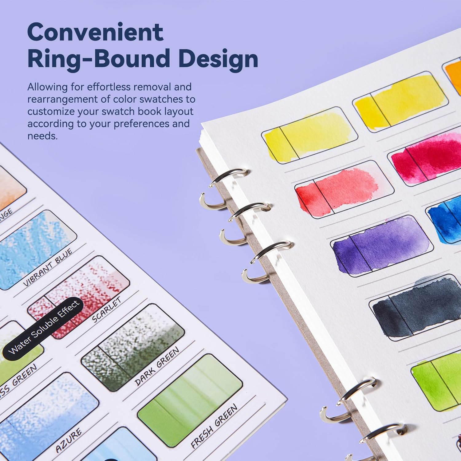 Lightwish Watercolor Swatch Book - 12 Detachable Sheets 100% Cotton 72 Spaces,15.35 * 10.63 in,300gsm/140lb Cold Press for Watercolor, Gouache, Oil Pastels - Spiral-Bound Color Testing Journal