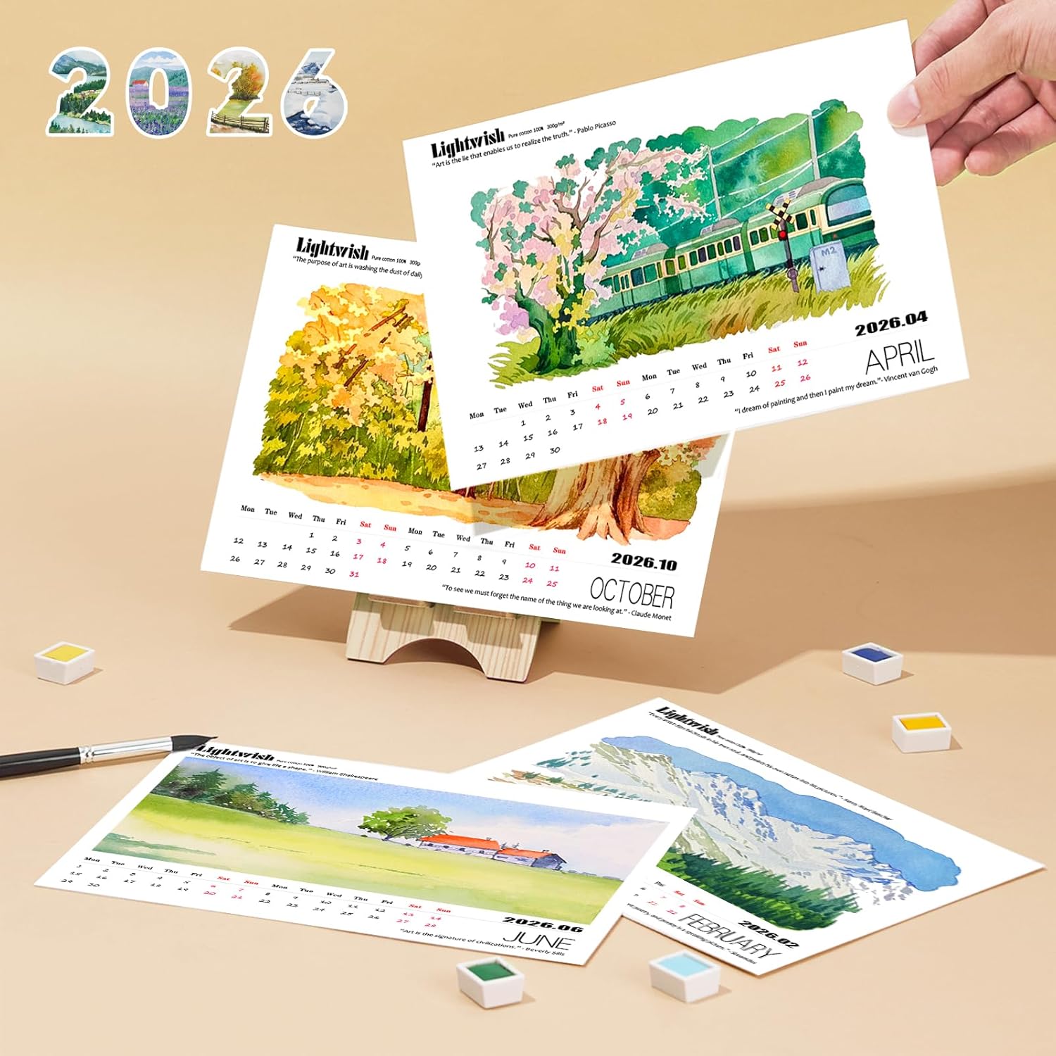 Lightwish Watercolor Calendar Paper for 2026, 100% Cotton, 12 Sheets, 140lb/300gsm, Acid-Free Hot Pressed Watercolor Paper, Art Supplies for Watercolor Crafts and DIY Media