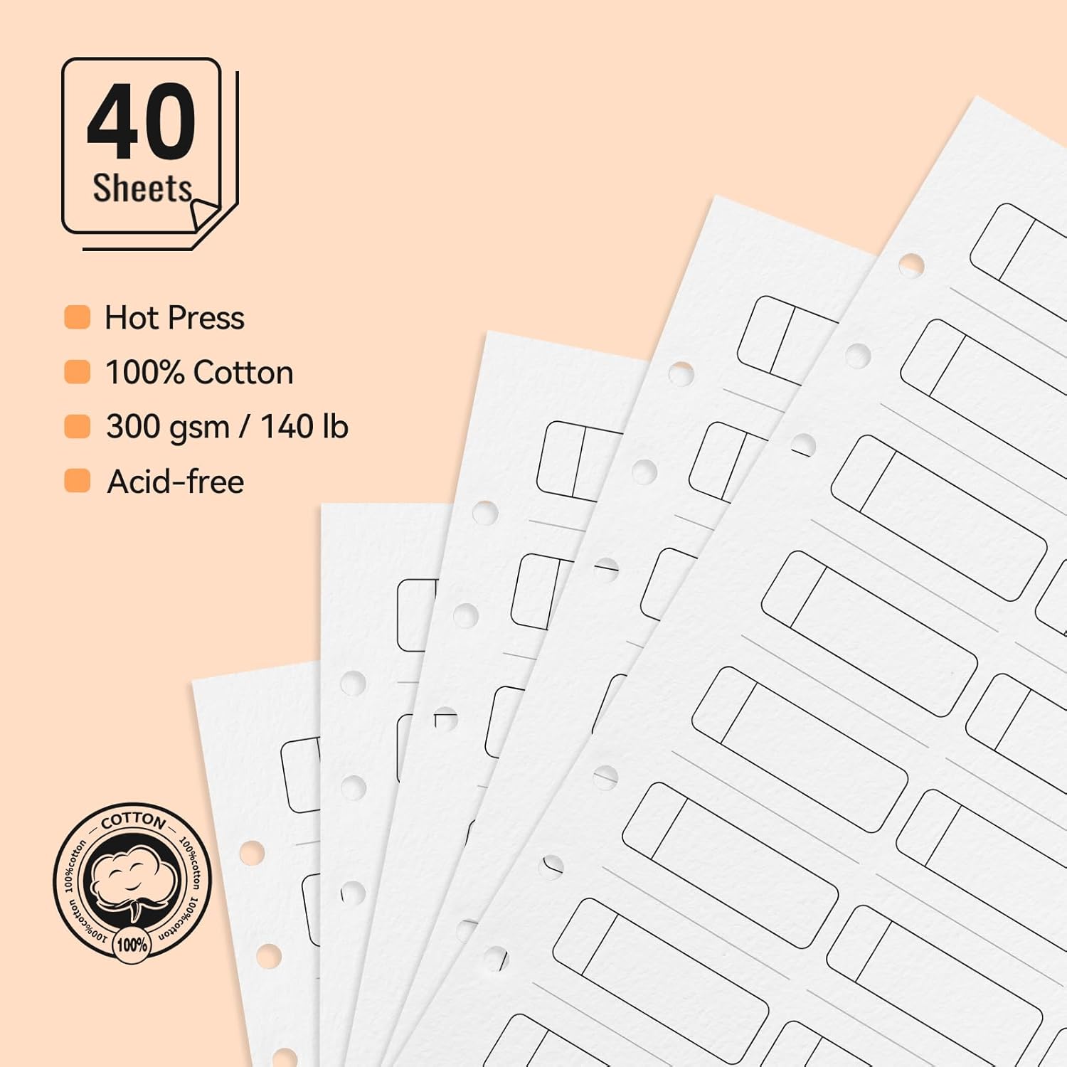 Lightwish Watercolor Swatch Paper Bulk - 100% Cotton Hot Press 300gsm/140lb, 2 Pack Total 40 Sheets 24 Spaces A5 Hole-Punched Replaceable Paper for Watercolor, Gouache, Oil Pastels,5.8 * 8.2 Inches