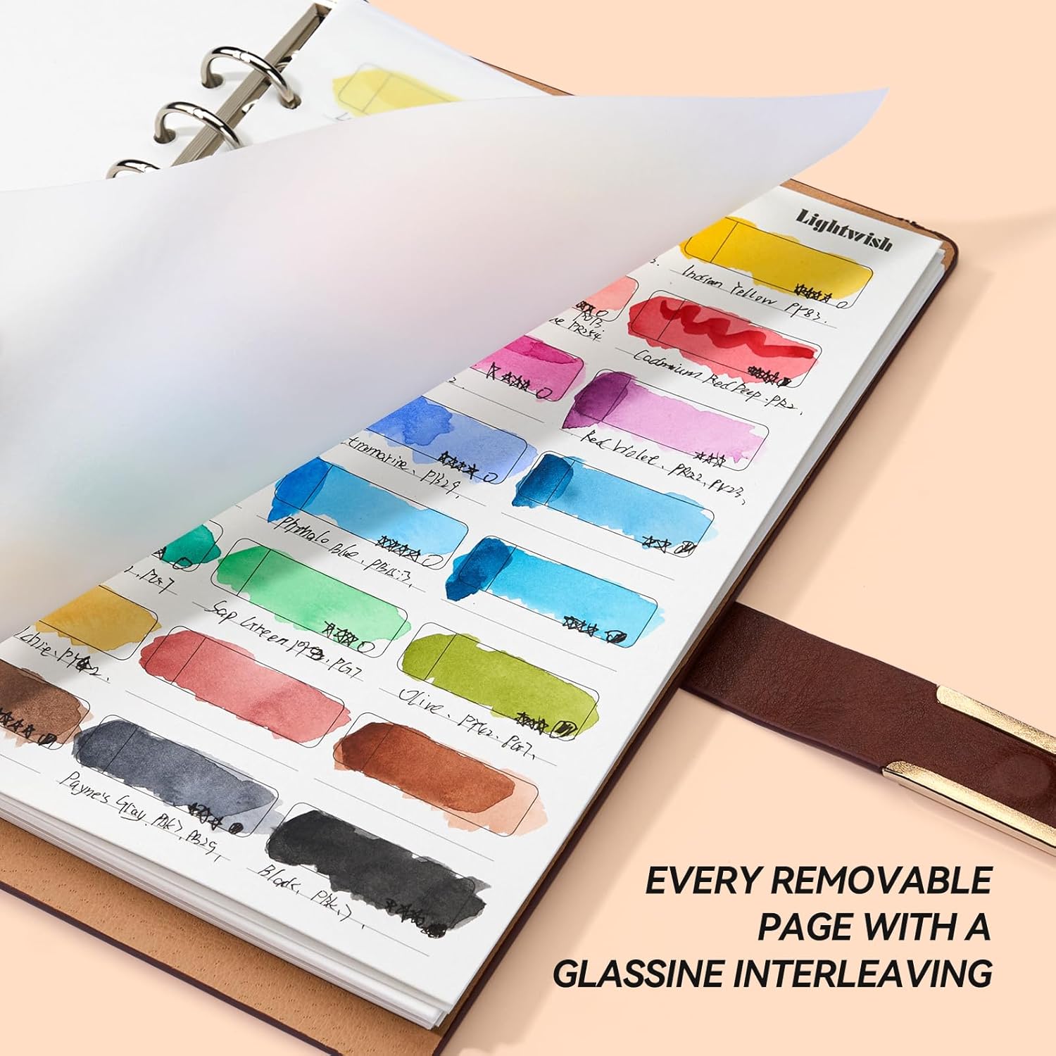 Lightwish Watercolor Swatch Book - 20 Detachable 100% Cotton Sheets 24 Spaces,5.8 * 8.2 in,300gsm/140lb Hot Press for Watercolor, Gouache, Oil Pastels - Loose-Leaf Binder Color Testing Journal