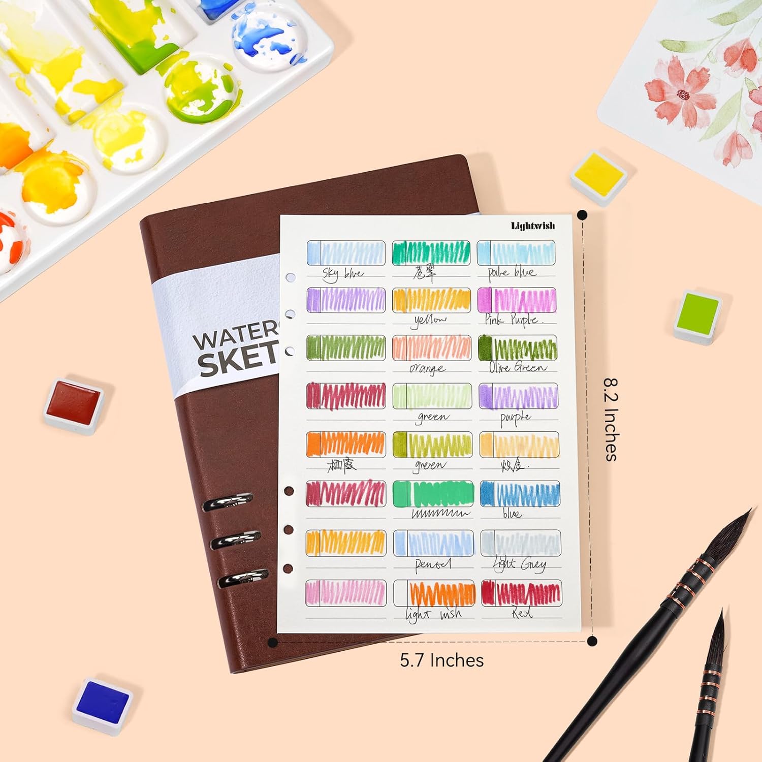 Lightwish Watercolor Swatch Book - 20 Detachable 100% Cotton Sheets 24 Spaces,5.8 * 8.2 in,300gsm/140lb Hot Press for Watercolor, Gouache, Oil Pastels - Loose-Leaf Binder Color Testing Journal