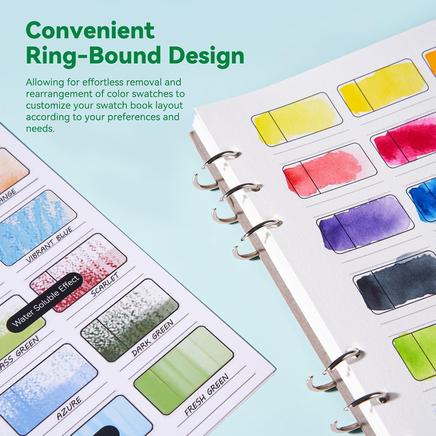 LIGHTWISH Watercolor Swatch Book - 12 Detachable 100% Cotton Sheets 36 Spaces,10.63 * 7.68 in,300gsm/140lb Cold Press for Watercolor, Gouache, Oil Pastels - Spiral-Bound Color Testing Journal