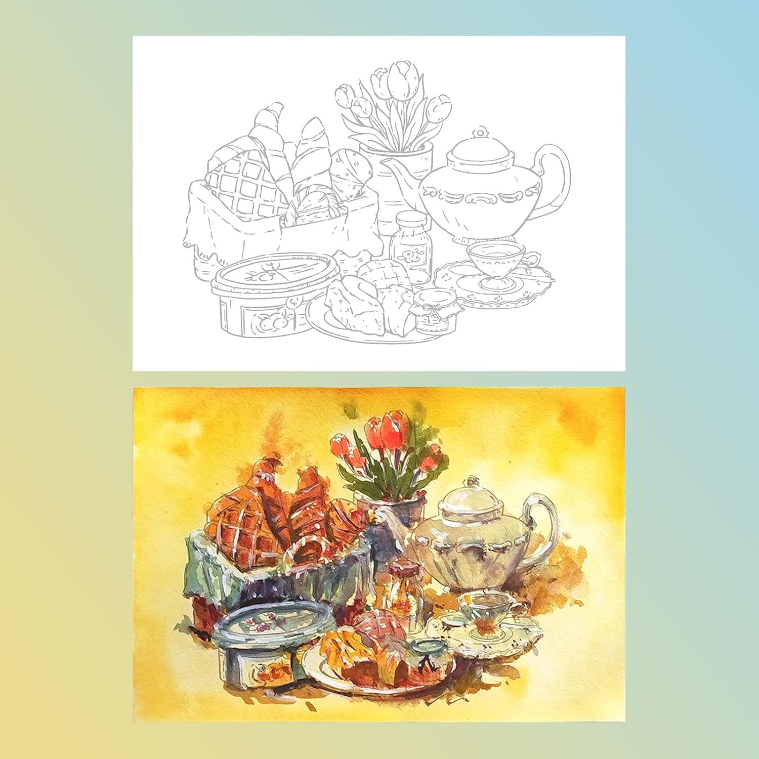 Lightwish Watercolor Coloring Book for Adults & Beginners, 100% Cotton 300gsm/140lb Acid-Free Hot Press Paper, 8.3 x 5.6 Inches, 15 Sheets, Floral-Themed