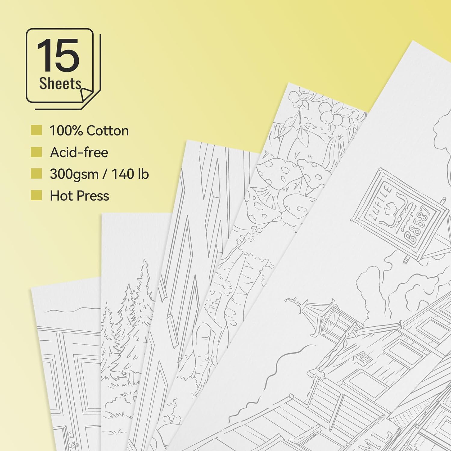 Lightwish Watercolor Coloring Book for Adults & Beginners,100% Cotton 300gsm/140lb Acid-Free Hot Press Paper, 8.3 x 5.6 Inches,15 Sheets,Landscape-Themed