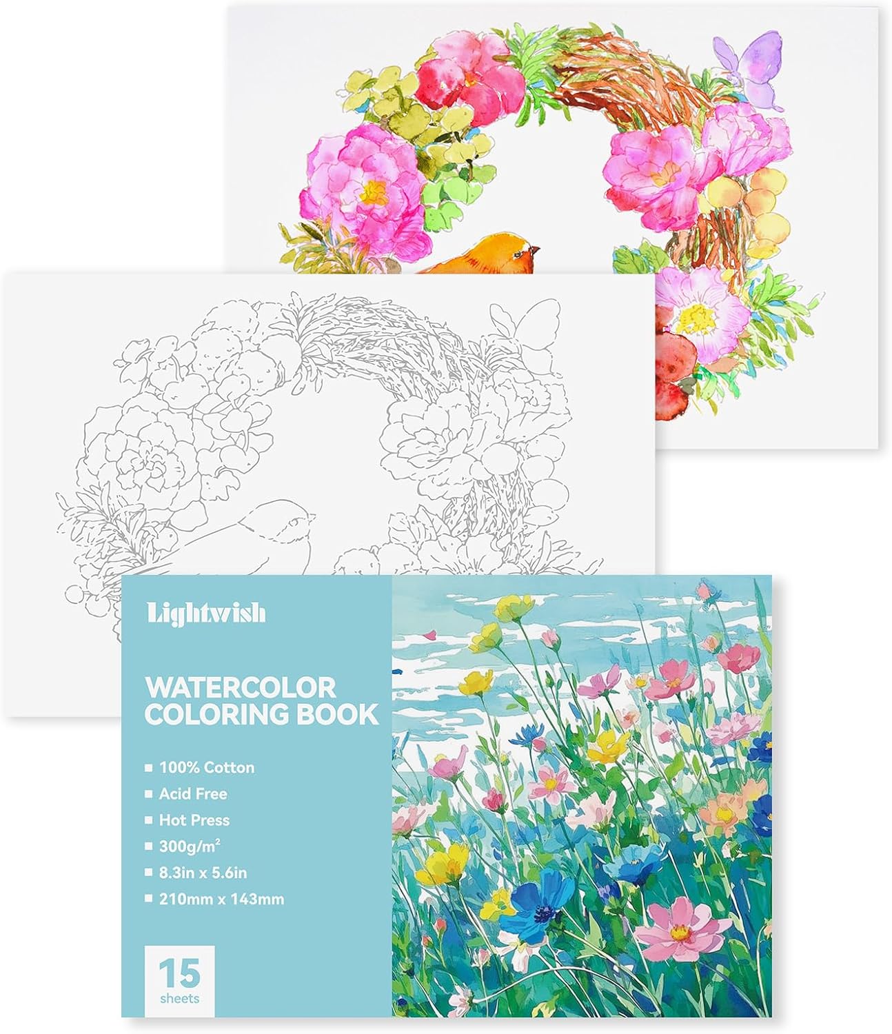 Lightwish Watercolor Coloring Book for Adults & Beginners, 100% Cotton 300gsm/140lb Acid-Free Hot Press Paper, 8.3 x 5.6 Inches, 15 Sheets, Floral-Themed