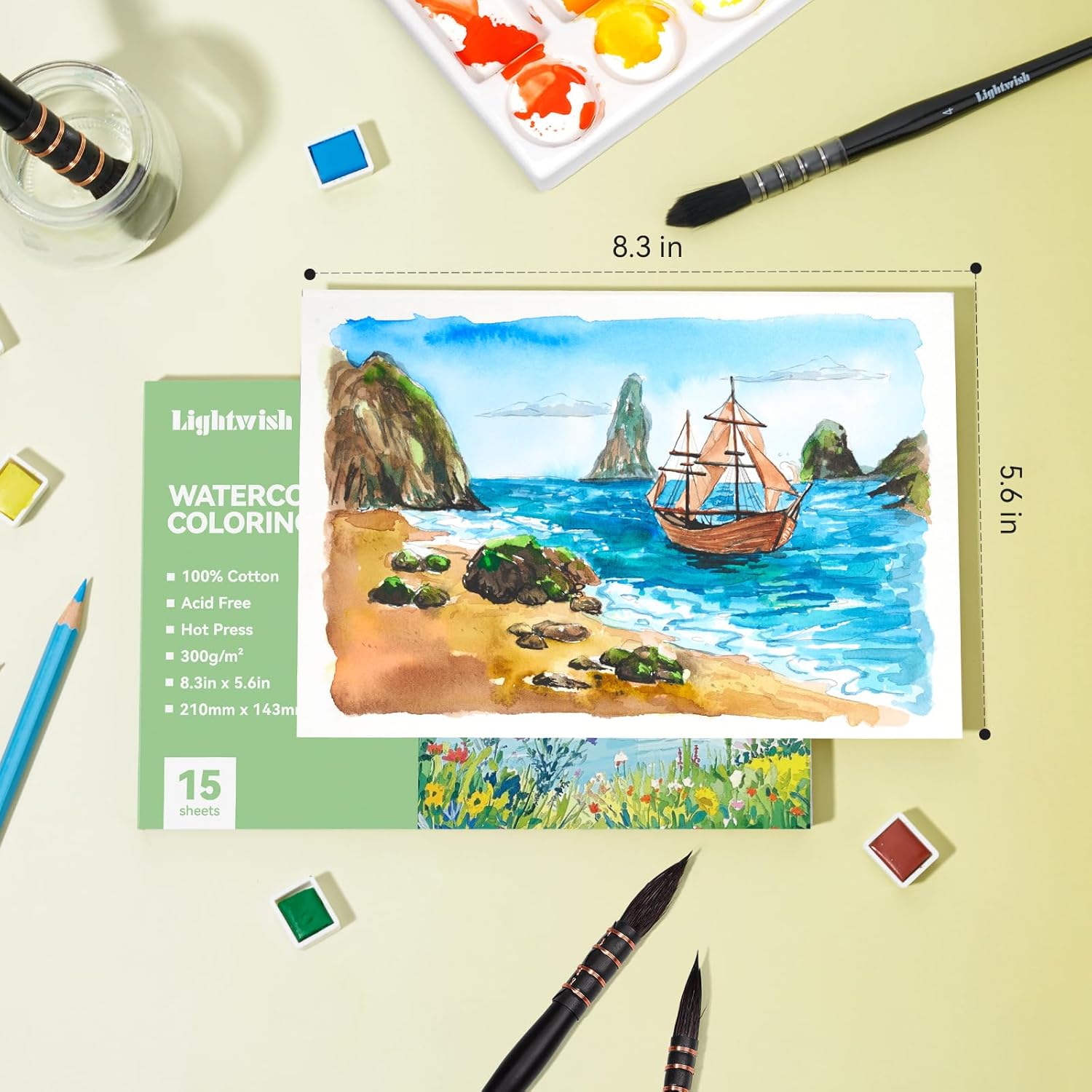 Lightwish Watercolor Coloring Book for Adults & Beginners,100% Cotton 300gsm/140lb Acid-Free Hot Press Paper, 8.3 x 5.6 Inches,15 Sheets,Landscape-Themed