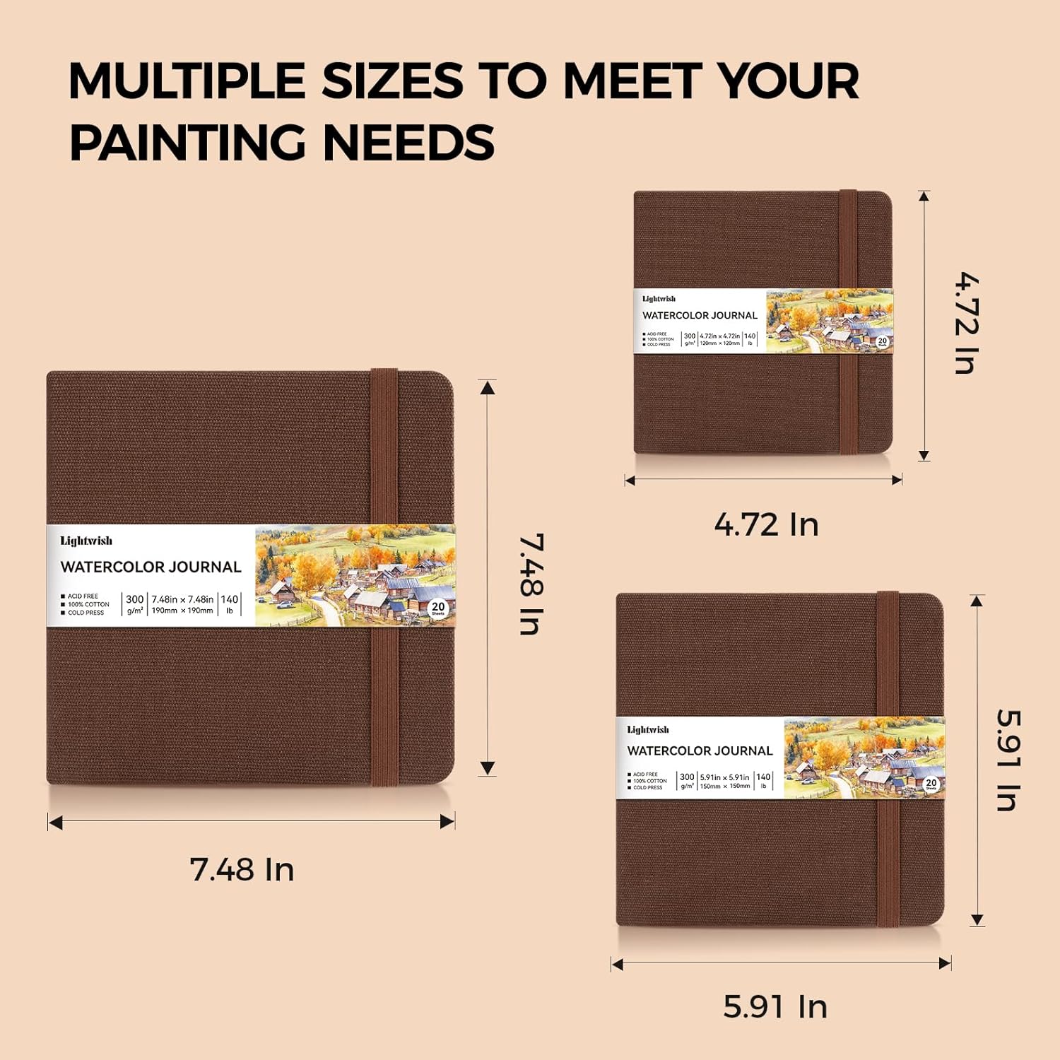 Watercolor Journal - 100% Cotton Cold Press Paper | 20 Sheets 40 Pages | 300GSM (140lb) | Linen Cotton Cover Watercolor Sketch Books for Artists Painting,Mixed Media 7.48 x 7.48 in