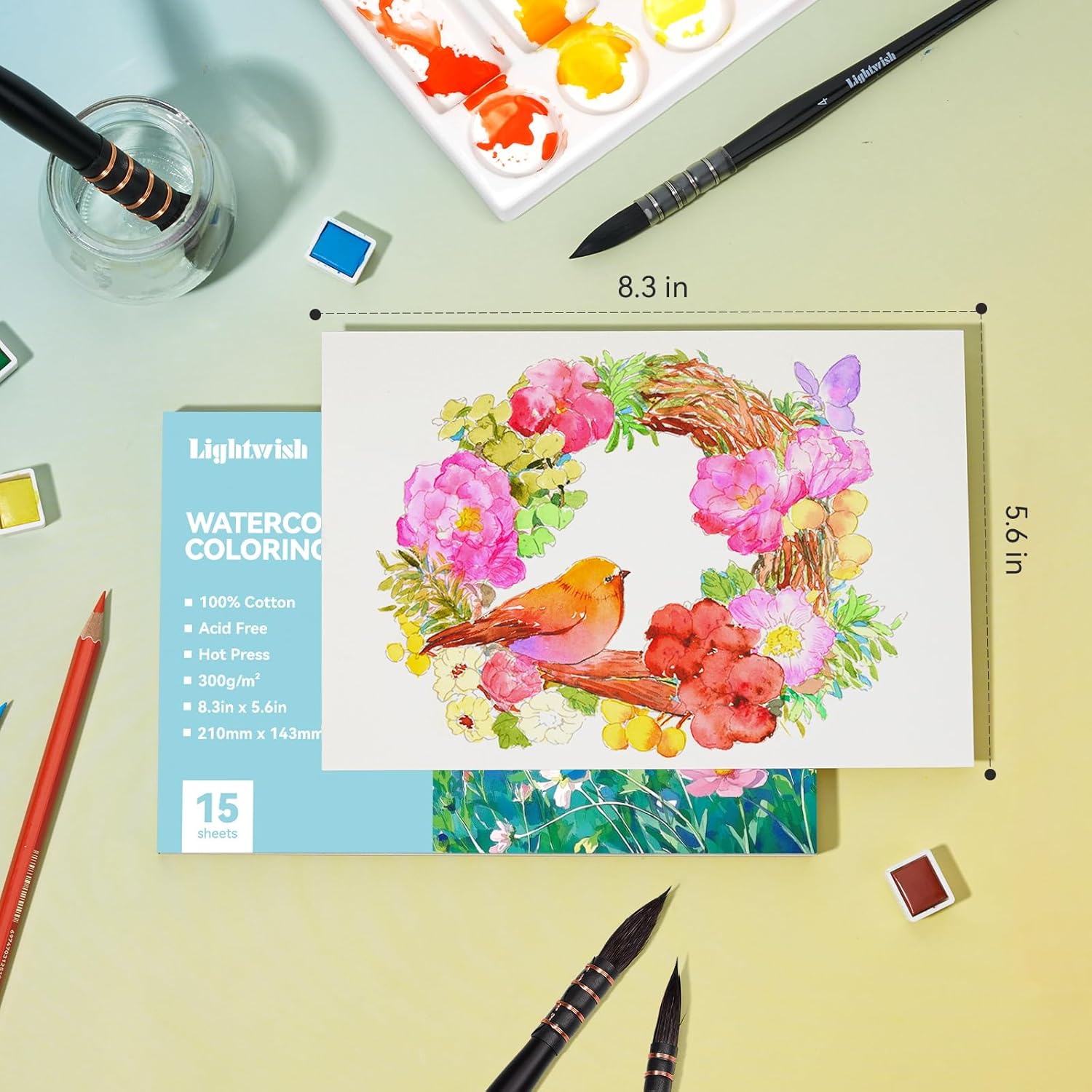 Lightwish Watercolor Coloring Book for Adults & Beginners, 100% Cotton 300gsm/140lb Acid-Free Hot Press Paper, 8.3 x 5.6 Inches, 15 Sheets, Floral-Themed