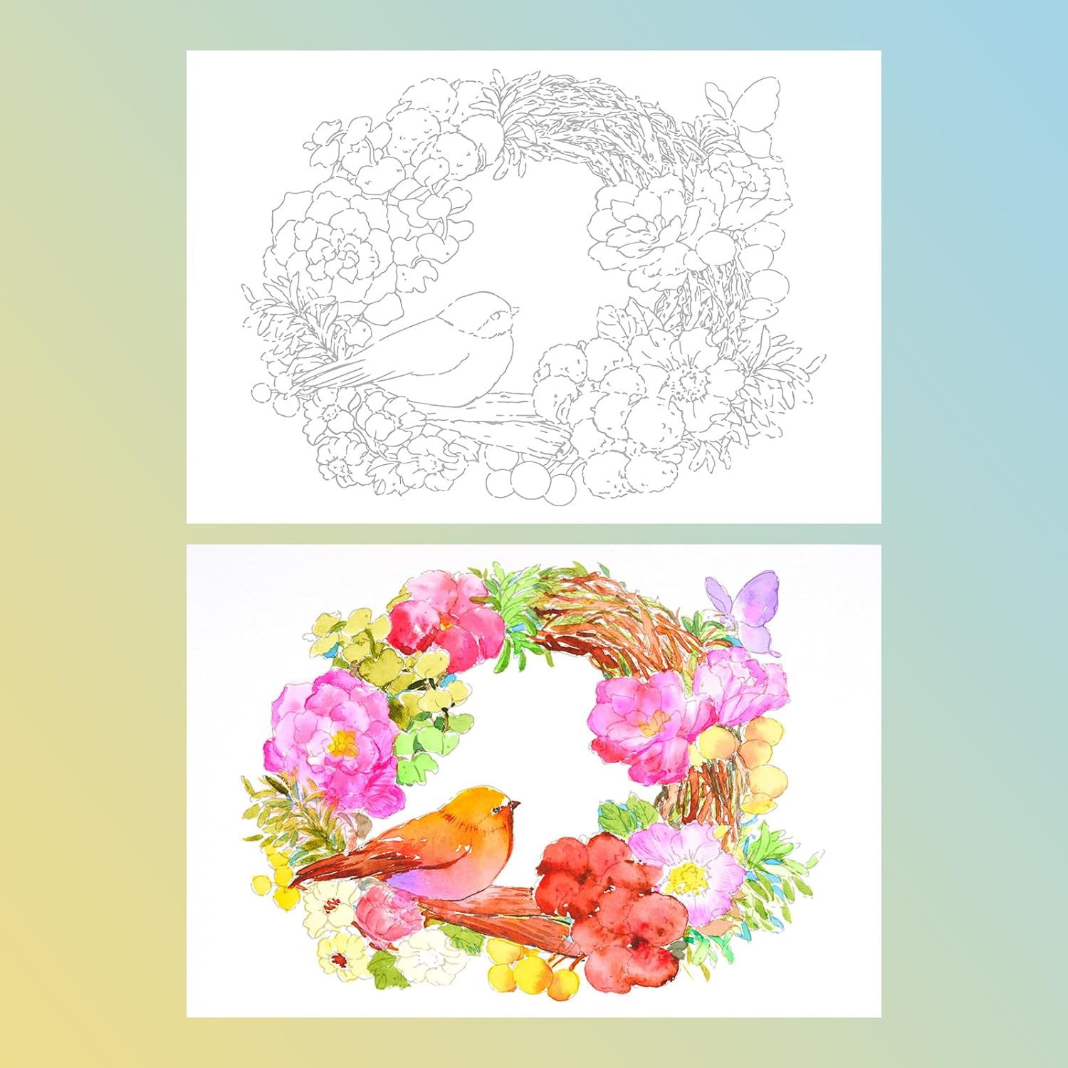 Lightwish Watercolor Coloring Book for Adults & Beginners, 100% Cotton 300gsm/140lb Acid-Free Hot Press Paper, 8.3 x 5.6 Inches, 15 Sheets, Floral-Themed