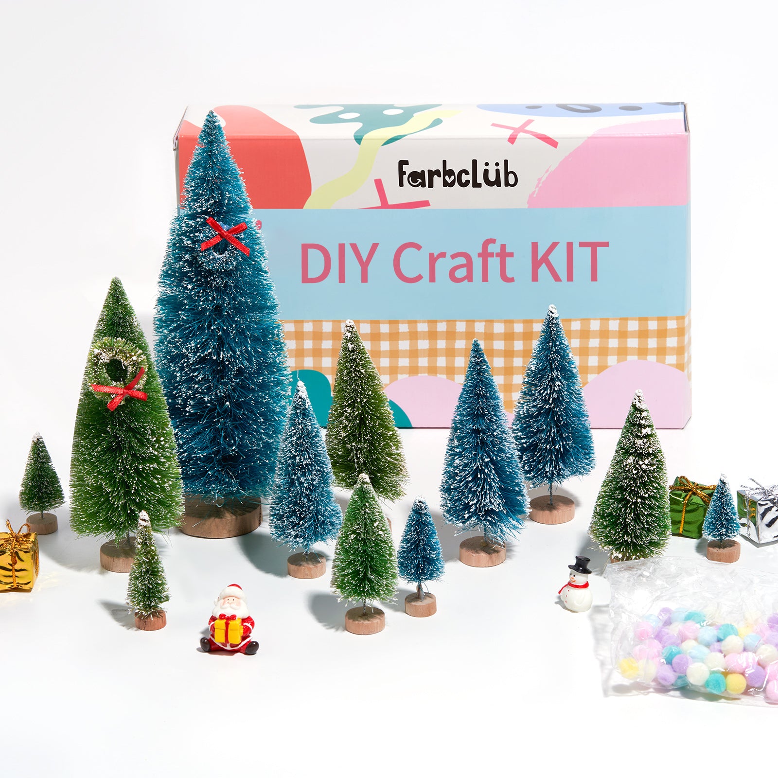 FARBCLUB 20Pcs Mini Bottle Brush Christmas Trees with Figurines, Artificial Miniature Christmas Tree with Wooden Bases, Small Christmas Tree (6 Size) for Tabletop Decoration, Holiday Winter Crafts