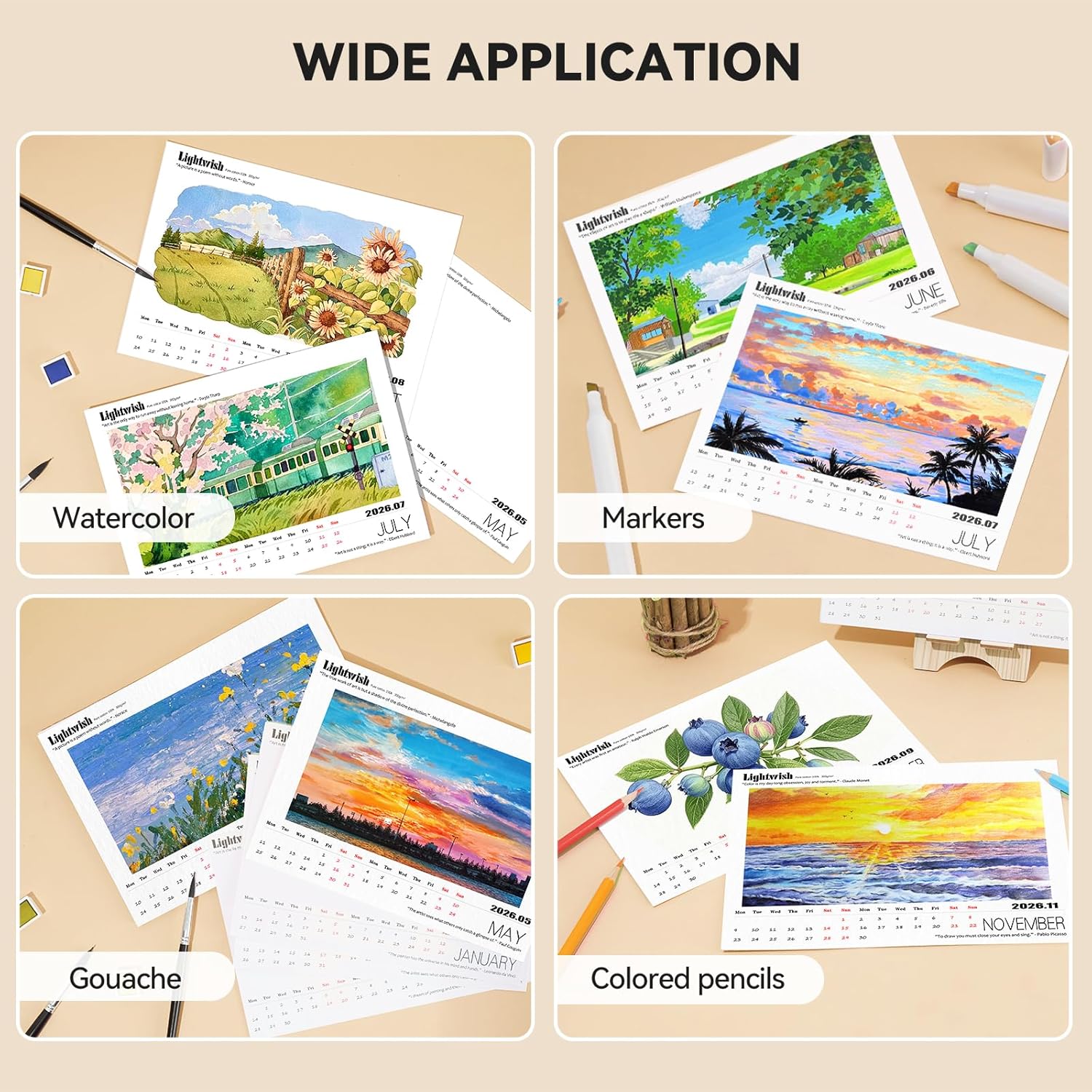 Lightwish Watercolor Calendar Paper for 2026, 100% Cotton, 12 Sheets, 140lb/300gsm, Acid-Free Hot Pressed Watercolor Paper, Art Supplies for Watercolor Crafts and DIY Media
