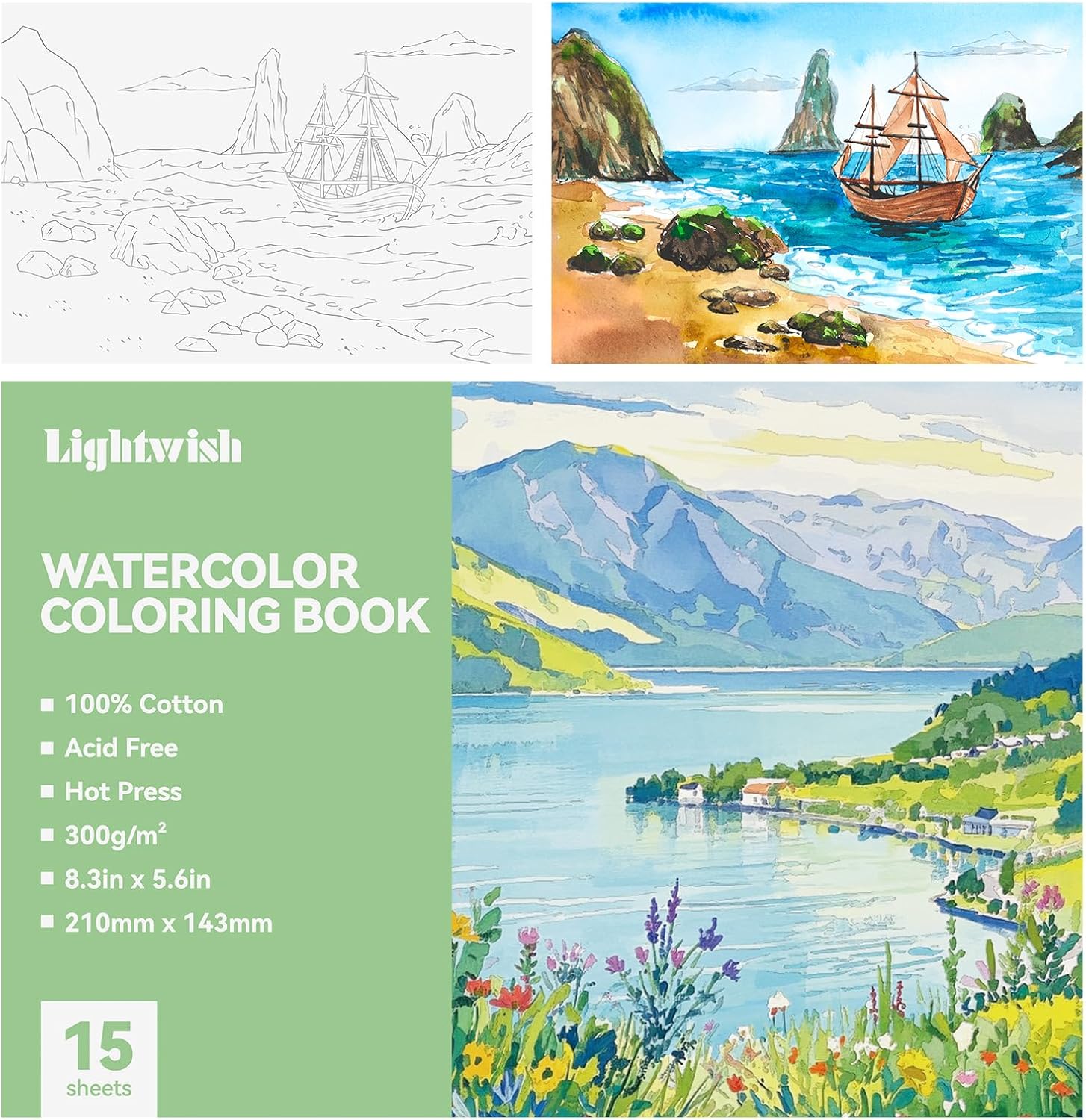 Lightwish Watercolor Coloring Book for Adults & Beginners,100% Cotton 300gsm/140lb Acid-Free Hot Press Paper, 8.3 x 5.6 Inches,15 Sheets,Landscape-Themed