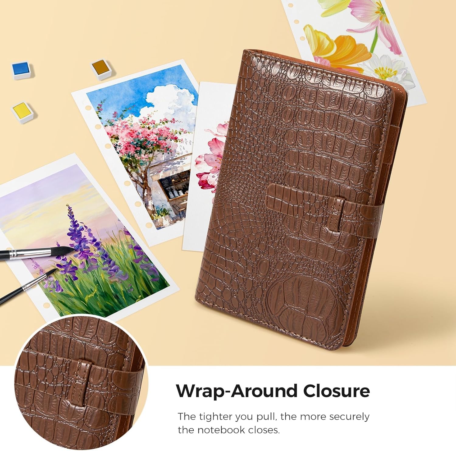 Lightwish Watercolor Sketchbook 100% Cotton, 300gsm (140lb) - 6.69" x 3.94" Hot Press Watercolor Paper Journal Notebook - 20 Sheets with PU Leather Cover for Drawing Mixed Media