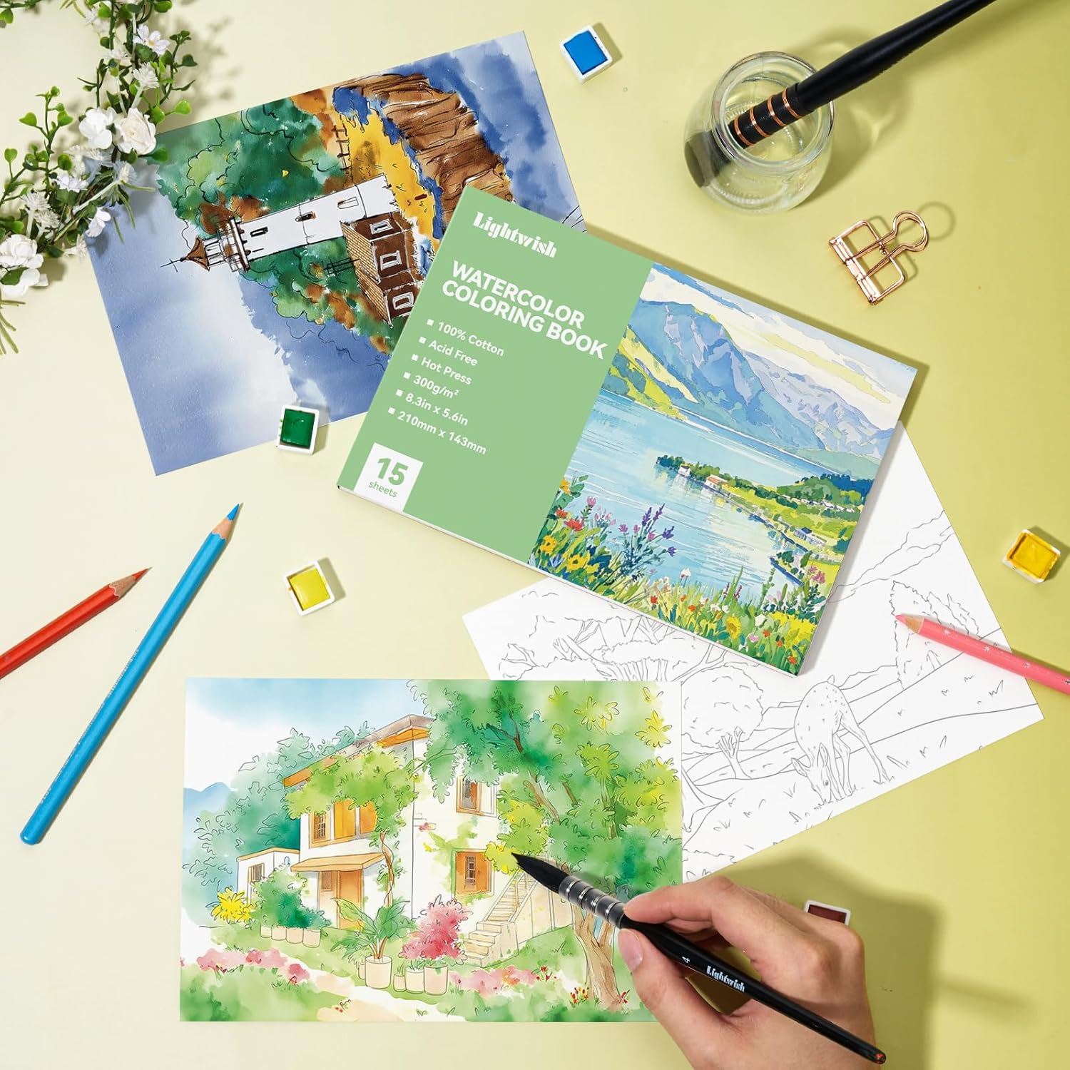 Lightwish Watercolor Coloring Book for Adults & Beginners,100% Cotton 300gsm/140lb Acid-Free Hot Press Paper, 8.3 x 5.6 Inches,15 Sheets,Landscape-Themed