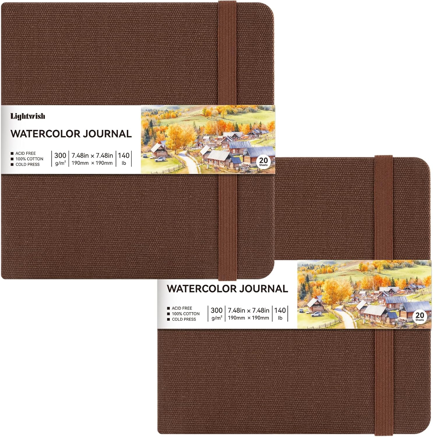 Watercolor Journal 2Pack- 100% Cotton Cold Press Paper Notebook Mixed Media Pad | 20 Sheets 40 Pages Each Pack | 300GSM (140lb) | Linen Cotton Cover for Artists 7.48 x7.48 in
