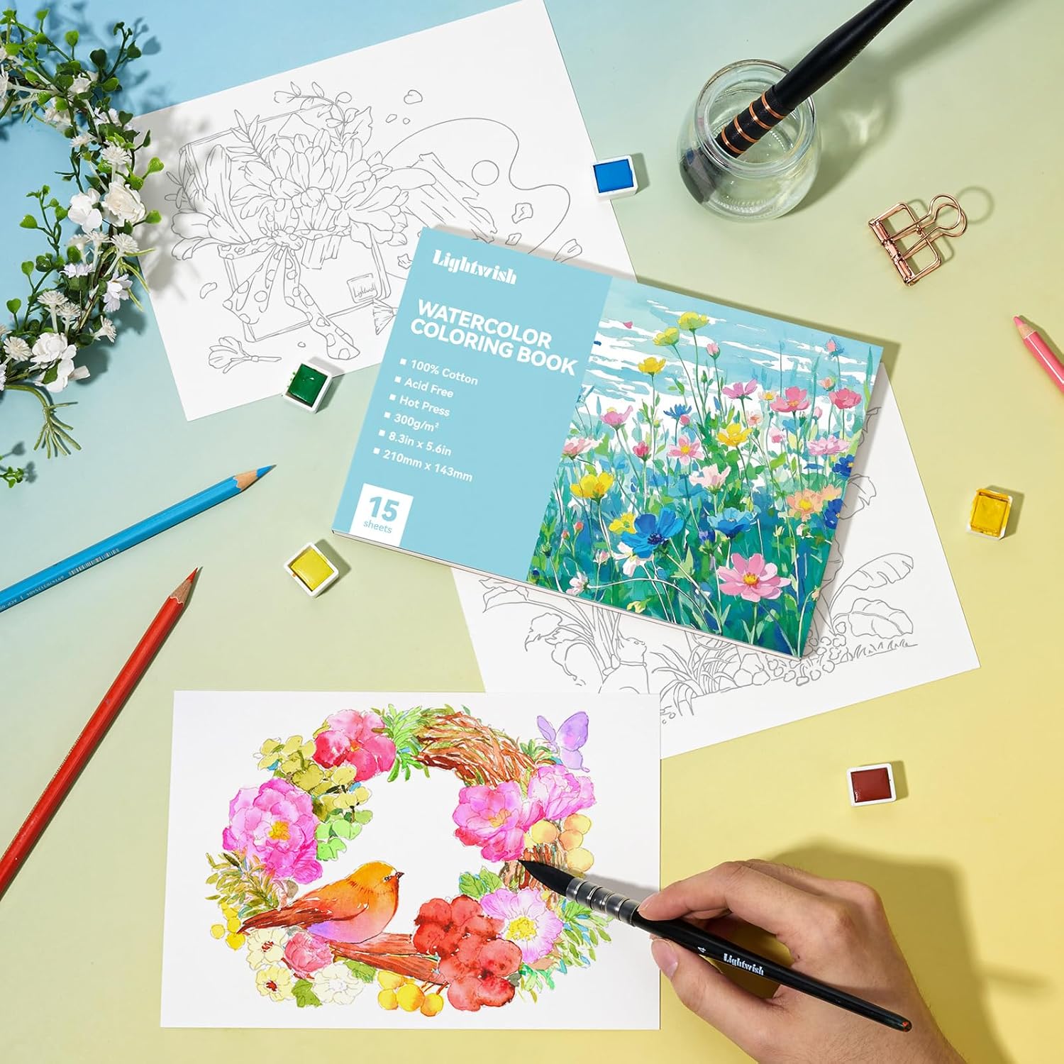 Lightwish Watercolor Coloring Book for Adults & Beginners, 100% Cotton 300gsm/140lb Acid-Free Hot Press Paper, 8.3 x 5.6 Inches, 15 Sheets, Floral-Themed