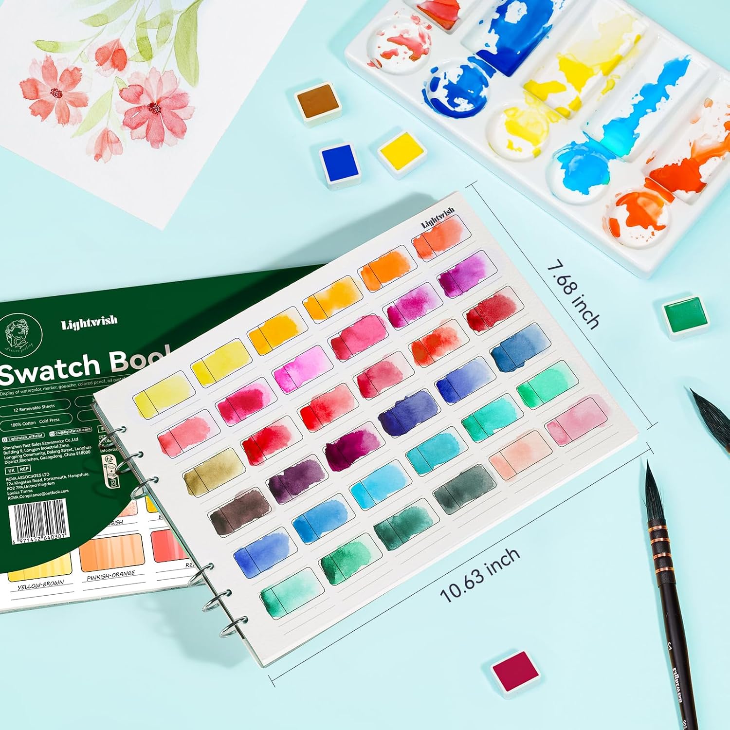 LIGHTWISH Watercolor Swatch Book - 12 Detachable 100% Cotton Sheets 36 Spaces,10.63 * 7.68 in,300gsm/140lb Cold Press for Watercolor, Gouache, Oil Pastels - Spiral-Bound Color Testing Journal