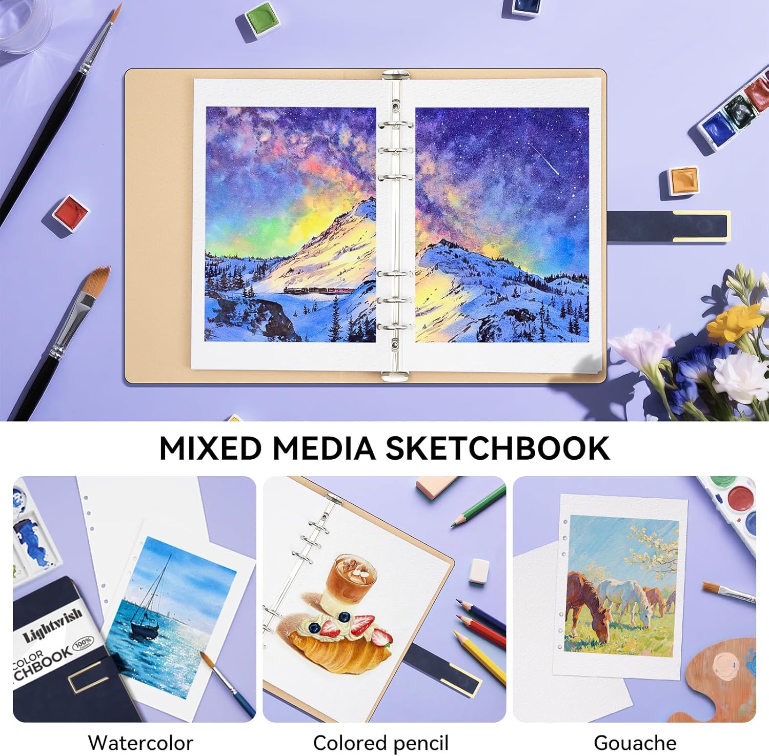 Lightwish Watercolor Sketchbook,100% Cotton Acid Free Watercolor Journal,600gsm Cold Press Watercolor Paper for Artists,Adults,Students,12 Sheets,5.8 * 8.2 Inches Paper