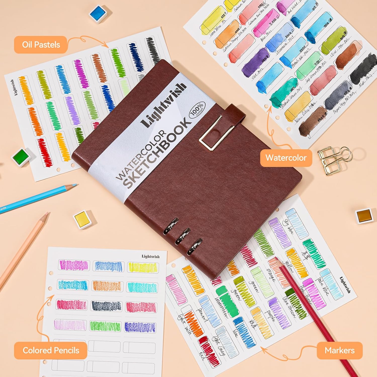 Lightwish Watercolor Swatch Book - 20 Detachable 100% Cotton Sheets 24 Spaces,5.8 * 8.2 in,300gsm/140lb Hot Press for Watercolor, Gouache, Oil Pastels - Loose-Leaf Binder Color Testing Journal