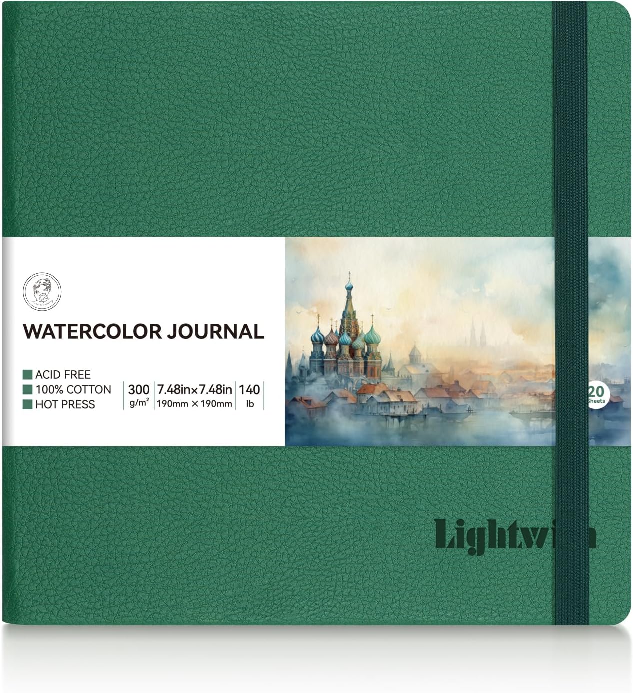 Lightwish Square Watercolor Journal, 100% Cotton Hot Press Watercolor Paper Sketchbook 7.48” x 7.48”, 20 Sheets (140lb/300gsm), Acid-Free for Watercolors, Gouache, Acrylics