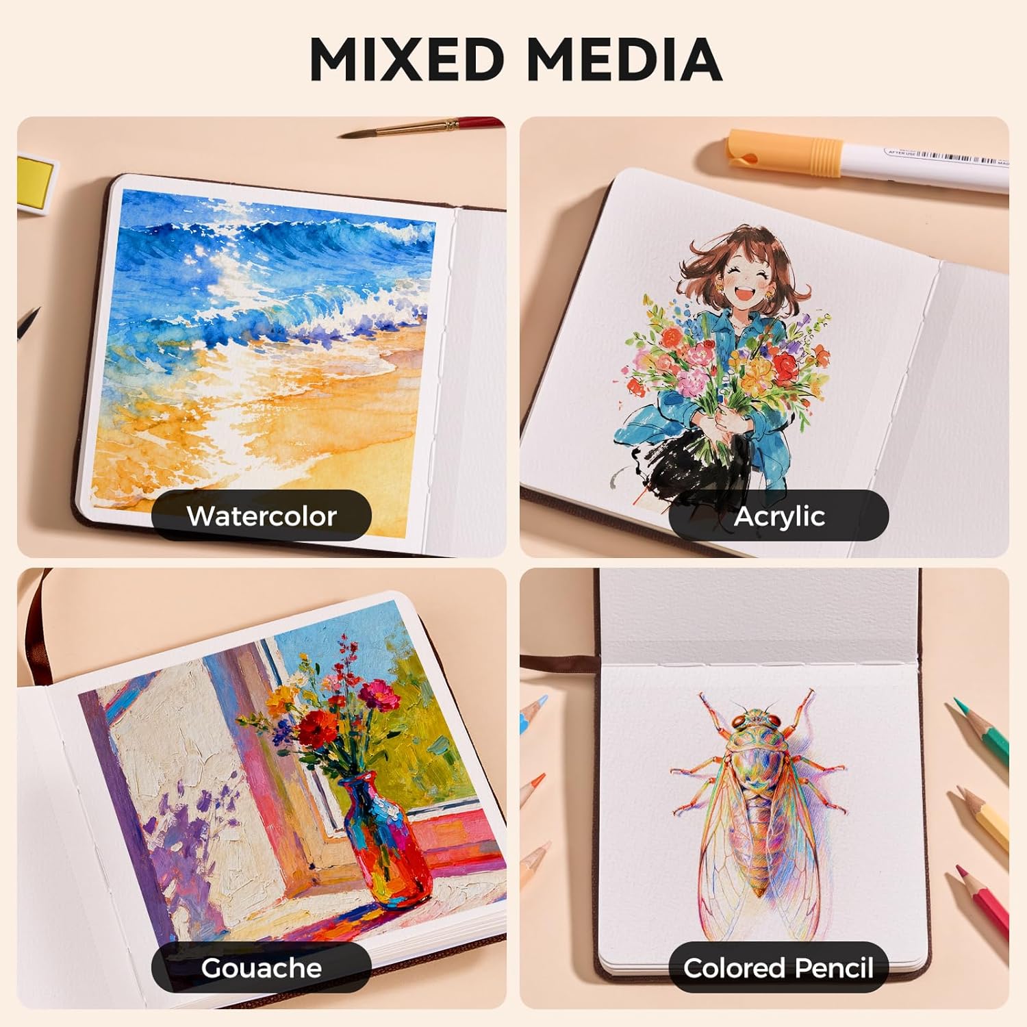 Watercolor Journal - 100% Cotton Cold Press Paper | 20 Sheets 40 Pages | 300GSM (140lb) | Linen Cotton Cover Watercolor Sketch Books for Artists Painting,Mixed Media 7.48 x 7.48 in