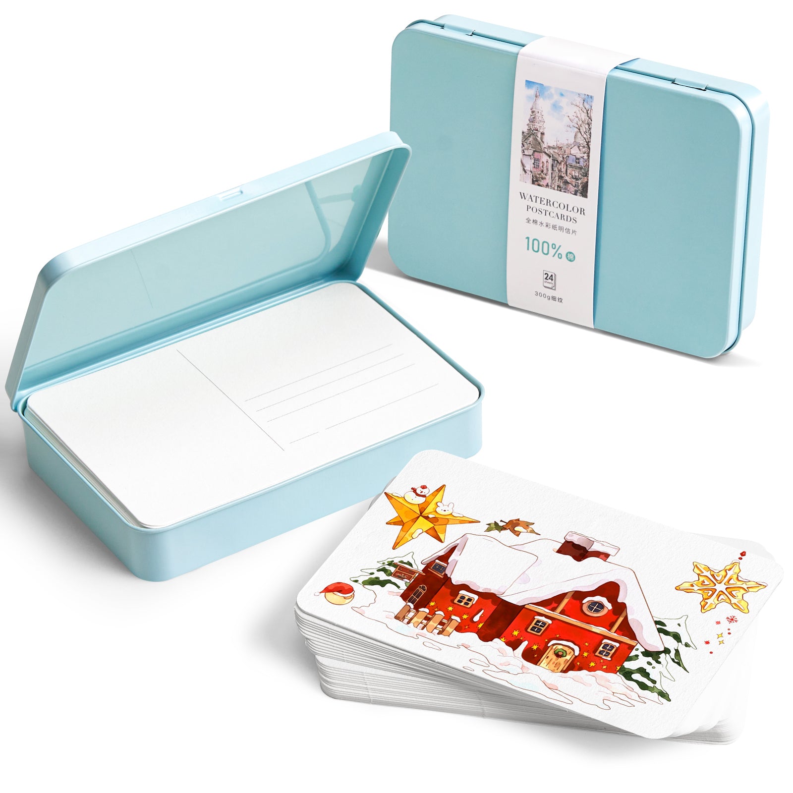 POTENTATE Watercolor paper postcards loose-leaf tin box 24 sheets fine grain 300g cotton