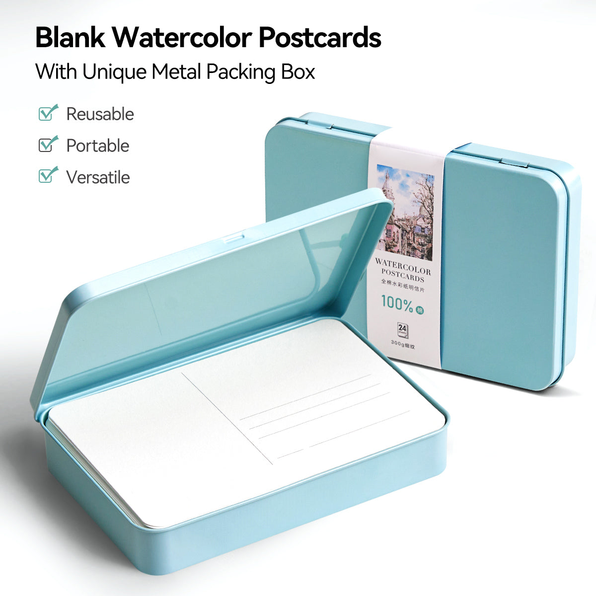 POTENTATE Watercolor paper postcards loose-leaf tin box 24 sheets fine grain 300g cotton