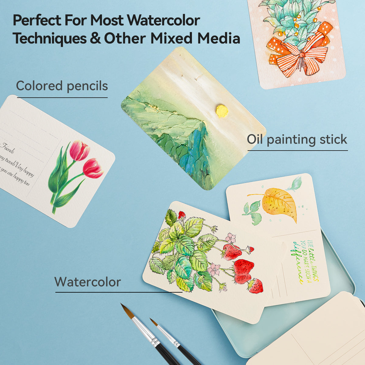 POTENTATE Watercolor paper postcards loose-leaf tin box 24 sheets fine grain 300g cotton