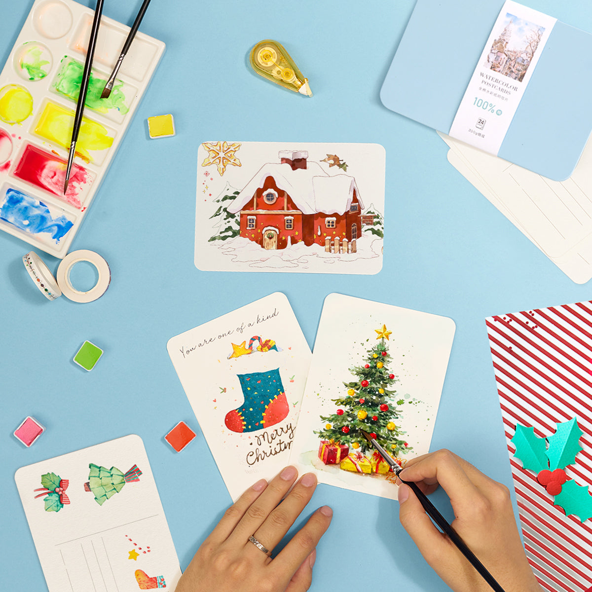 POTENTATE Watercolor paper postcards loose-leaf tin box 24 sheets fine grain 300g cotton