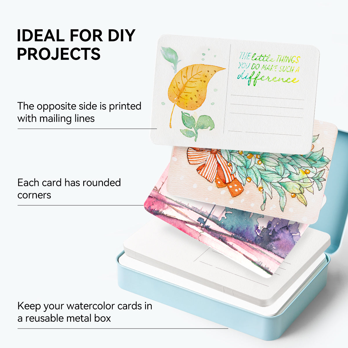 POTENTATE Watercolor paper postcards loose-leaf tin box 24 sheets fine grain 300g cotton