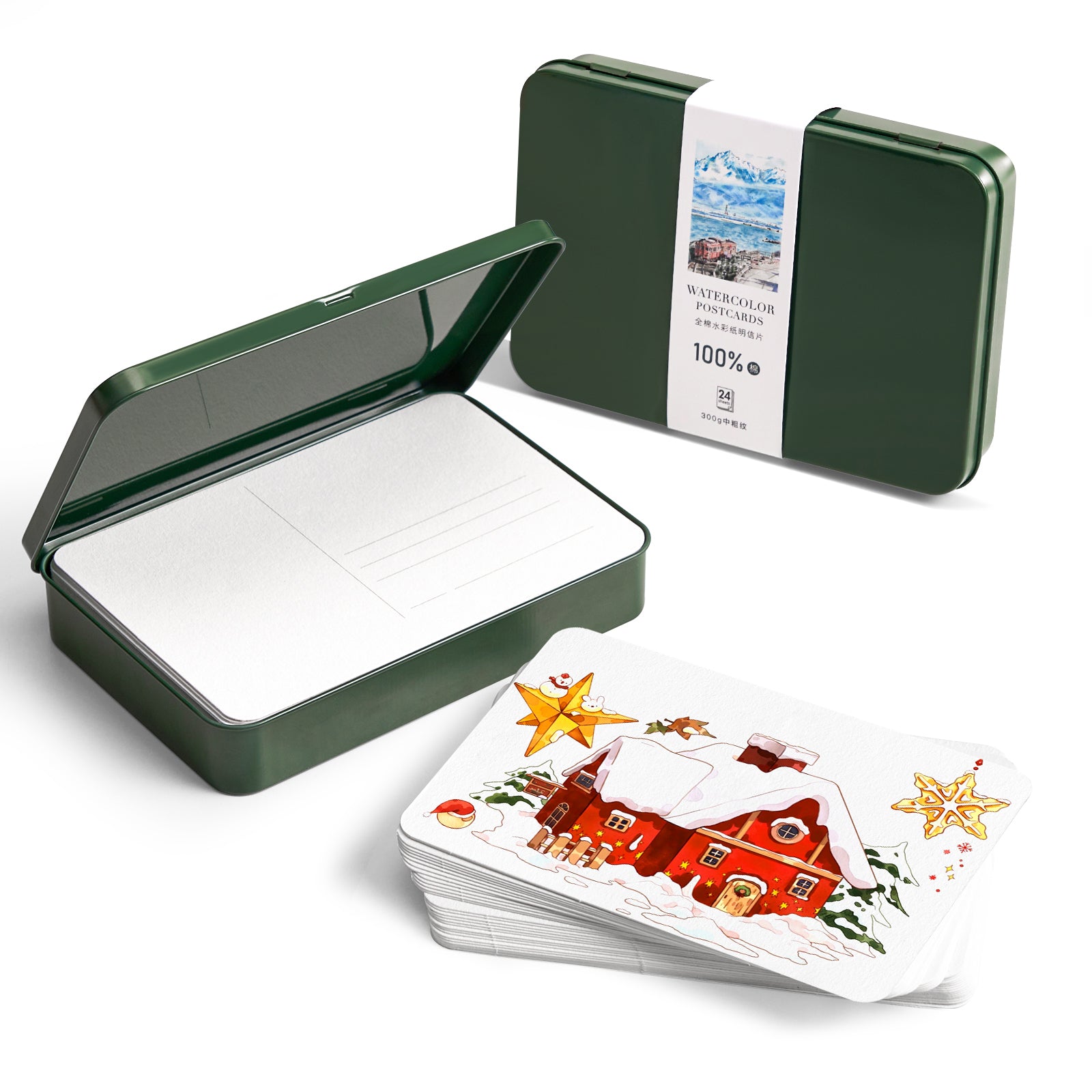 POTENTATE Watercolor paper postcards loose-leaf tin box 24 sheets medium coarse grain 300g cotton