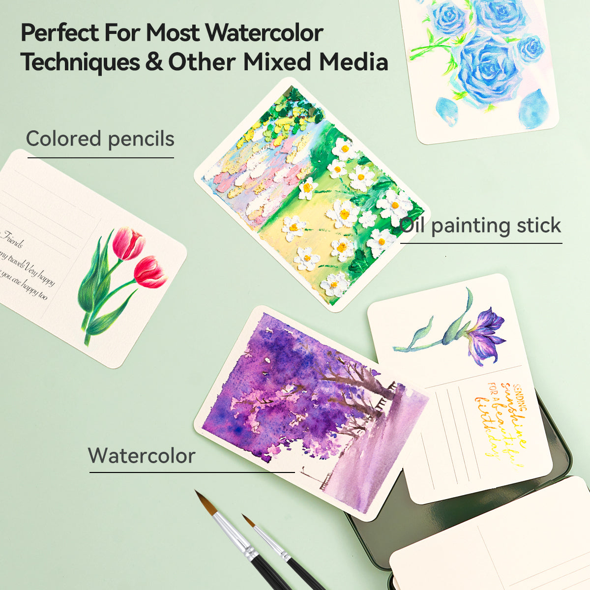 POTENTATE Watercolor paper postcards loose-leaf tin box 24 sheets medium coarse grain 300g cotton