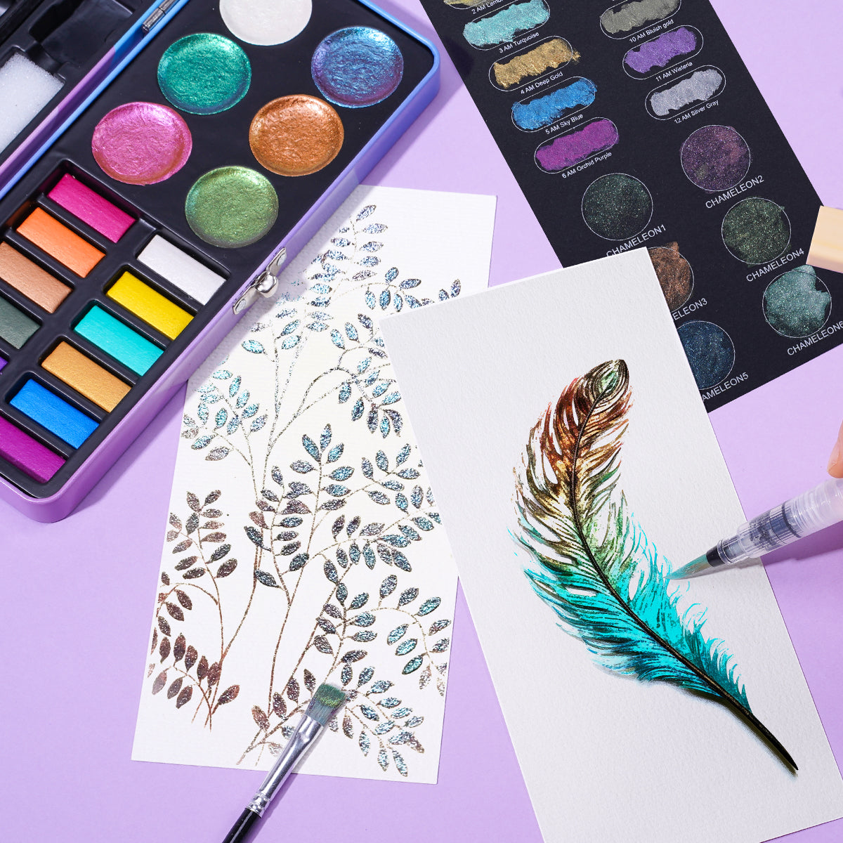 FARBCLUB watercolor paint set, 18 colors glitter watercolor paint, portable travel watercolor paint set with watercolor pens, pencils, watercolor paper