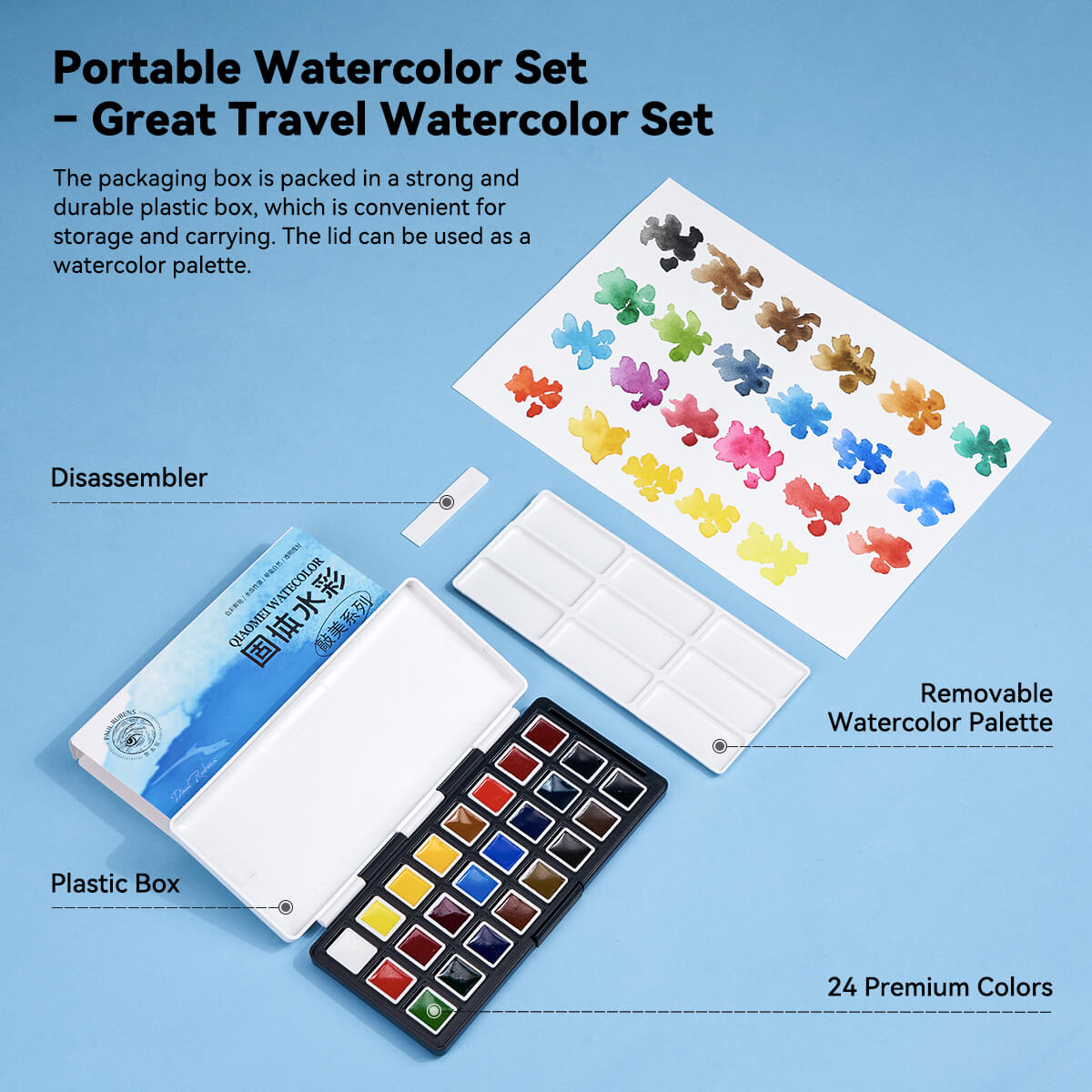 Paul Rubens 24 Vibrant Colors Half Pans with Portable Watercolor Palette
