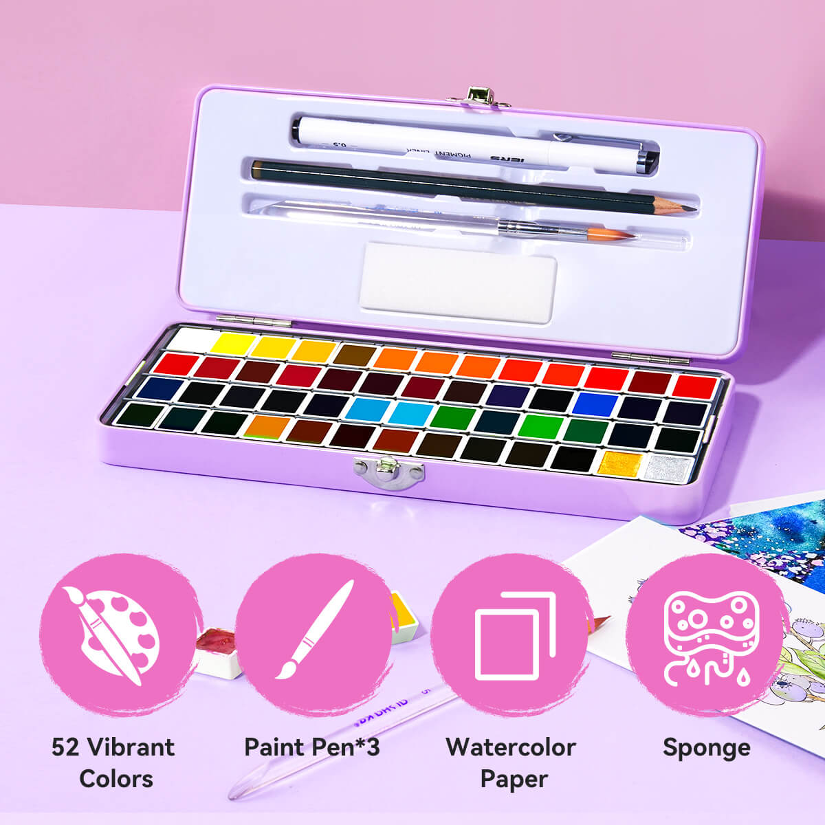 MeiLiang Solid Watercolor Paint Set 52 Colors Standard (Purple Box)