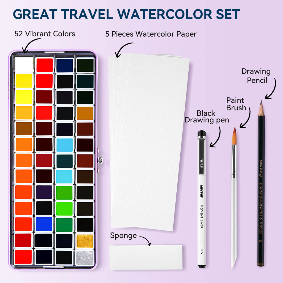 MeiLiang Solid Watercolor Paint Set 52 Colors Standard (Purple Box)