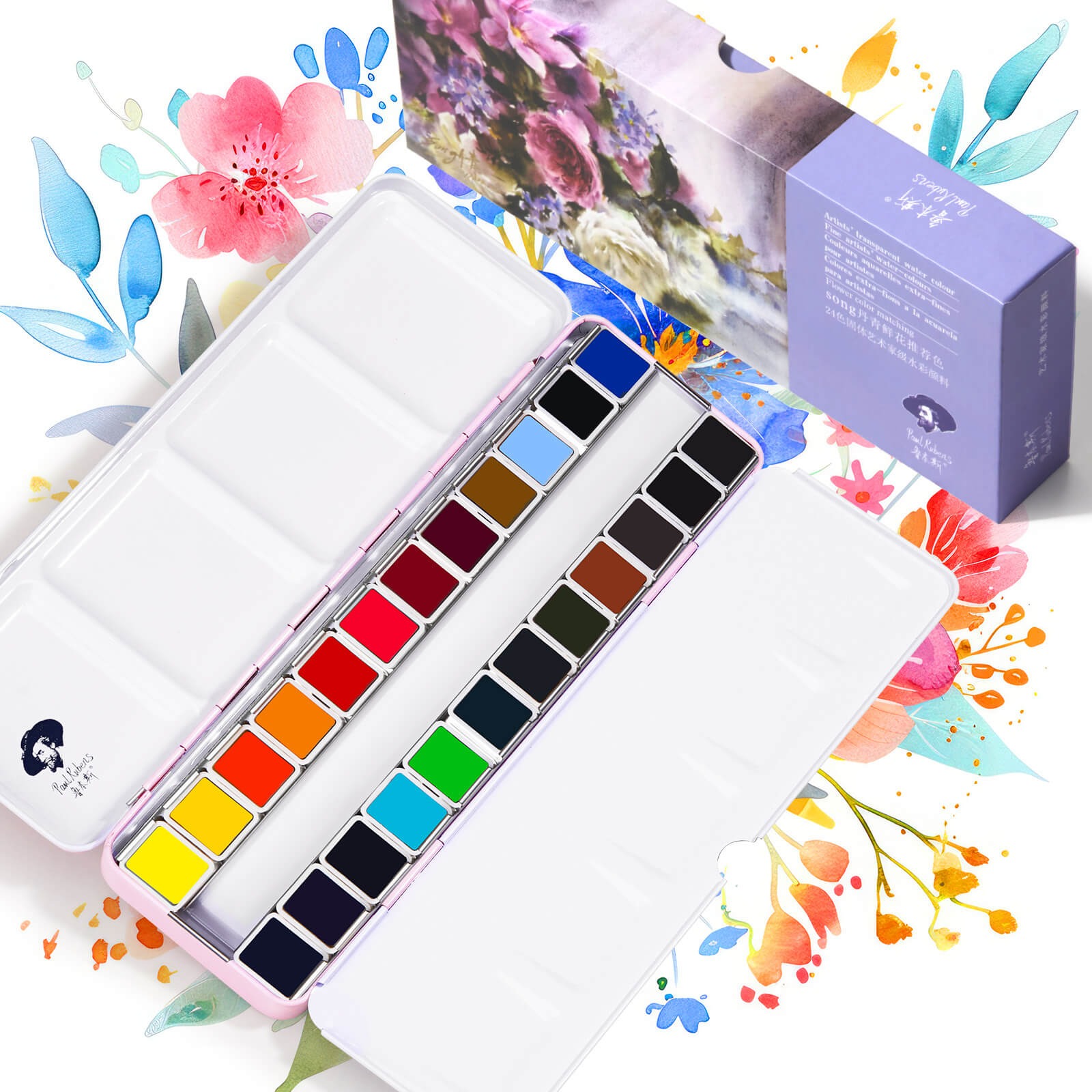Paul Rubens Ensemble de peinture aquarelle solide de qualité artiste, 24 couleurs florales vives