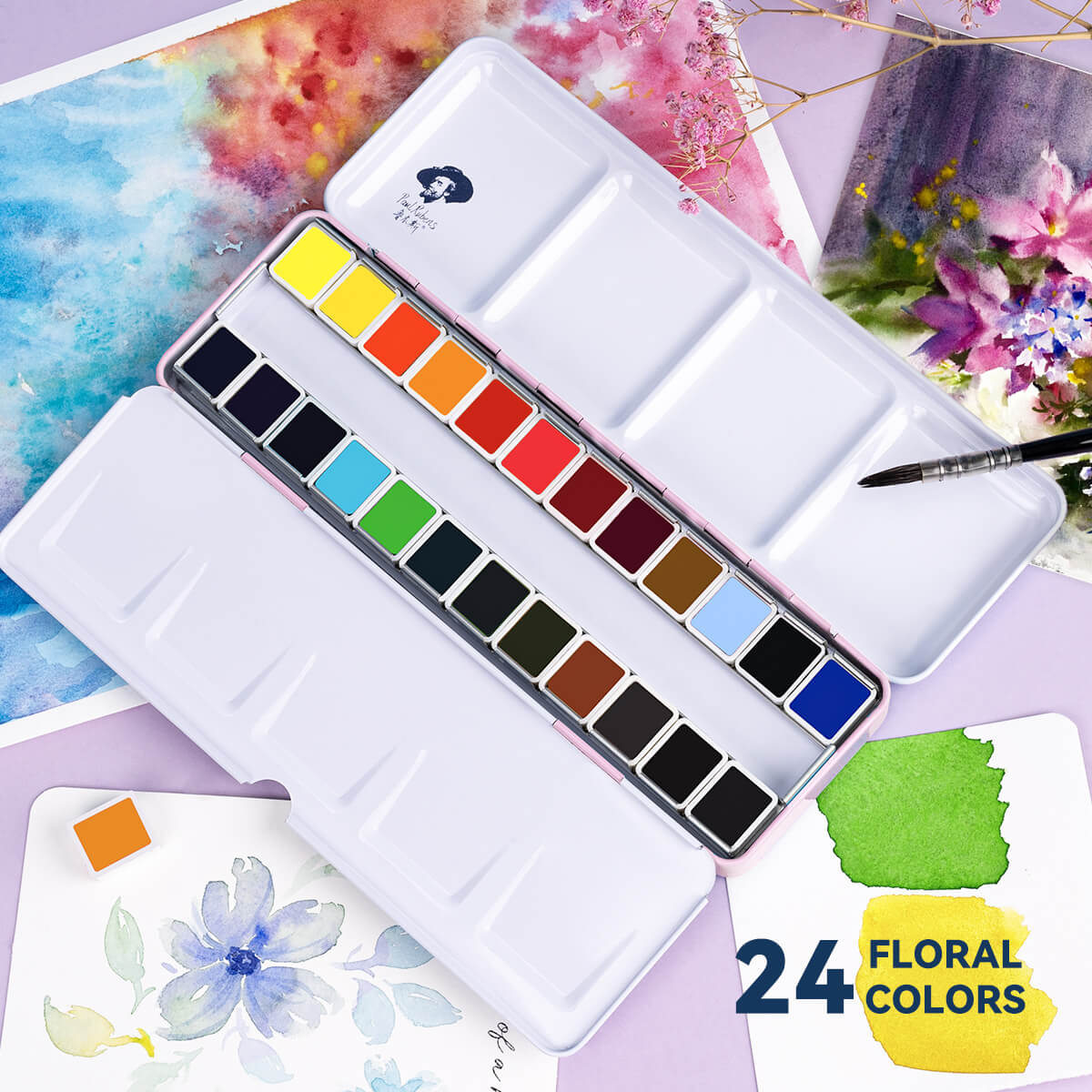 Paul Rubens Ensemble de peinture aquarelle solide de qualité artiste, 24 couleurs florales vives